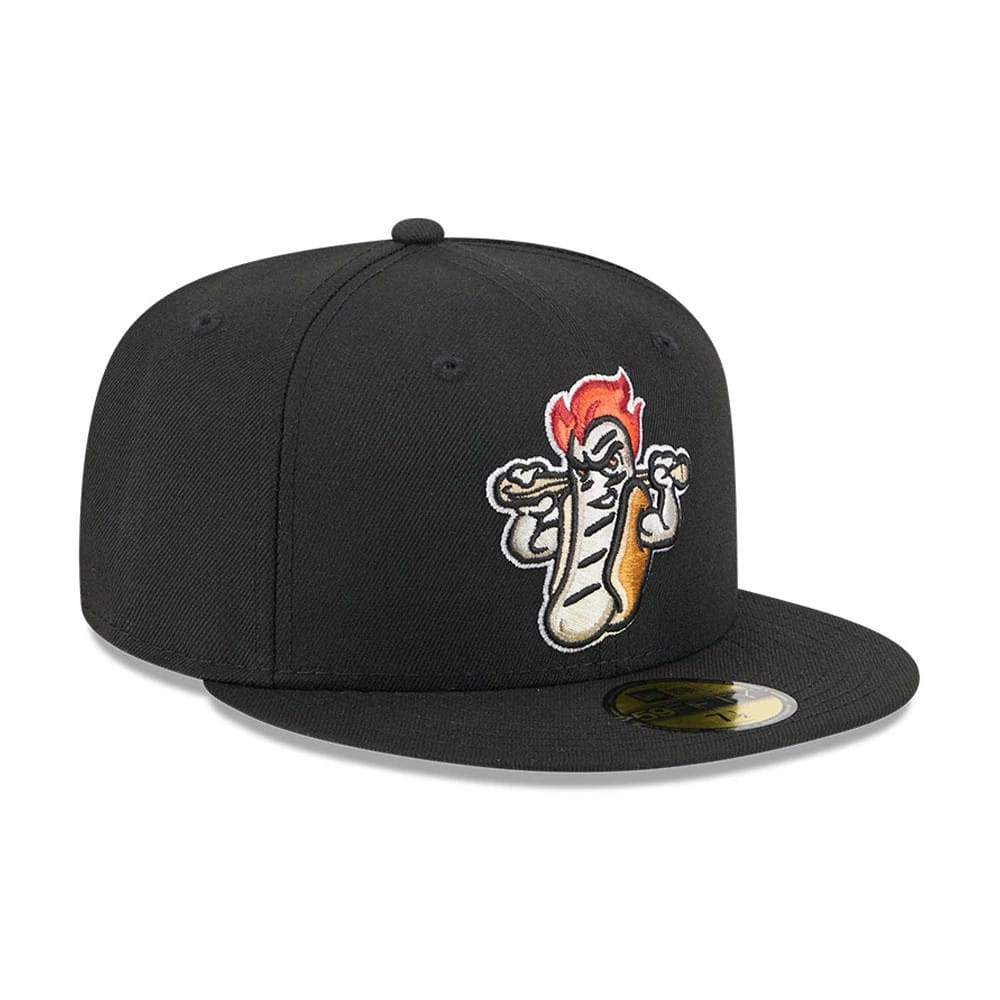 Rochester Red Wings MiLB Theme Night Black New Era 59FIFTY Fitted Cap, three-quarter view showing an embroidered hot dog character logo on the front panel, with a flat black visor and a gold 59FIFTY size sticker on top.