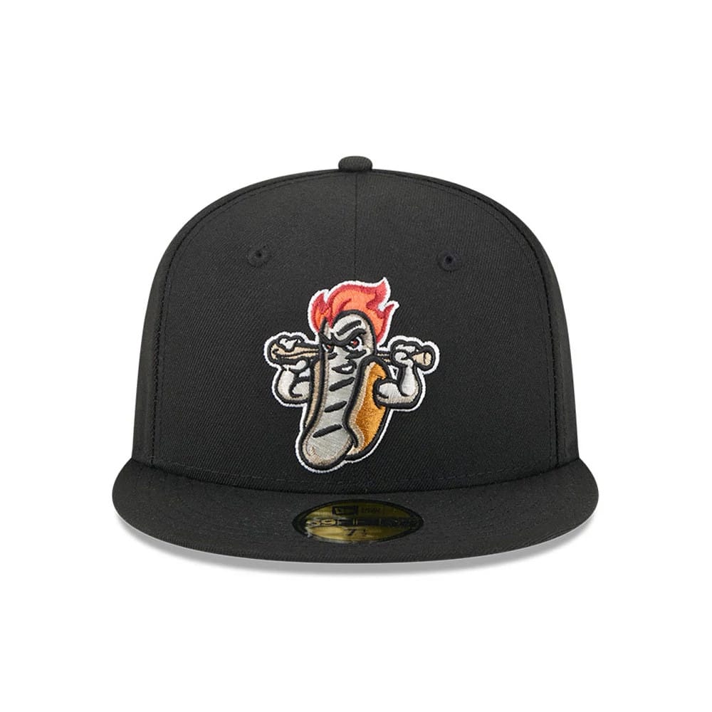 Rochester Red Wings MiLB Theme Night Black New Era 59FIFTY Fitted Cap, front view with a colourful embroidered hot dog logo on the front panel, featuring a flat black visor with a gold 59FIFTY size sticker on top.