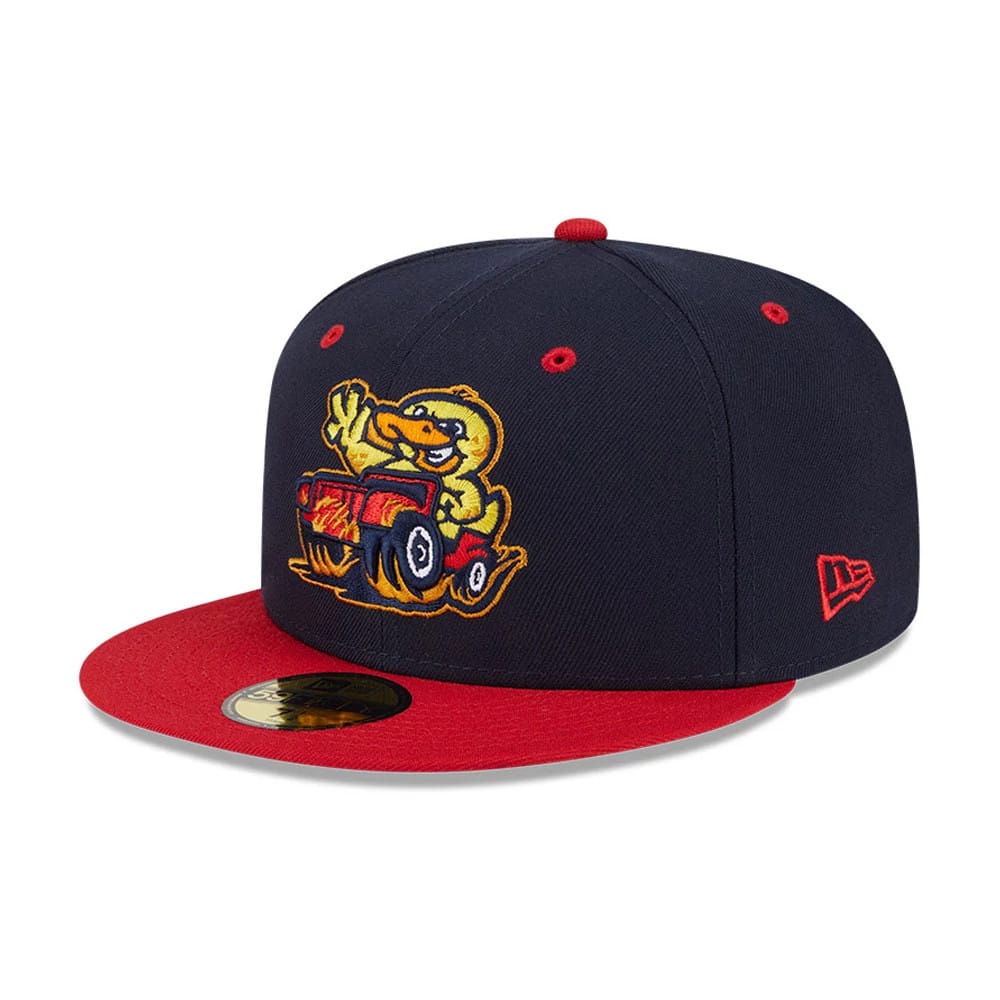 Toledo Mud Hens MiLB Theme Night Navy New Era 59FIFTY Fitted Cap, three-quarter view with a yellow and red embroidered mascot graphic on the front panel, red visor and top button, gold 59FIFTY size sticker, and red New Era flag logo on the left side.
