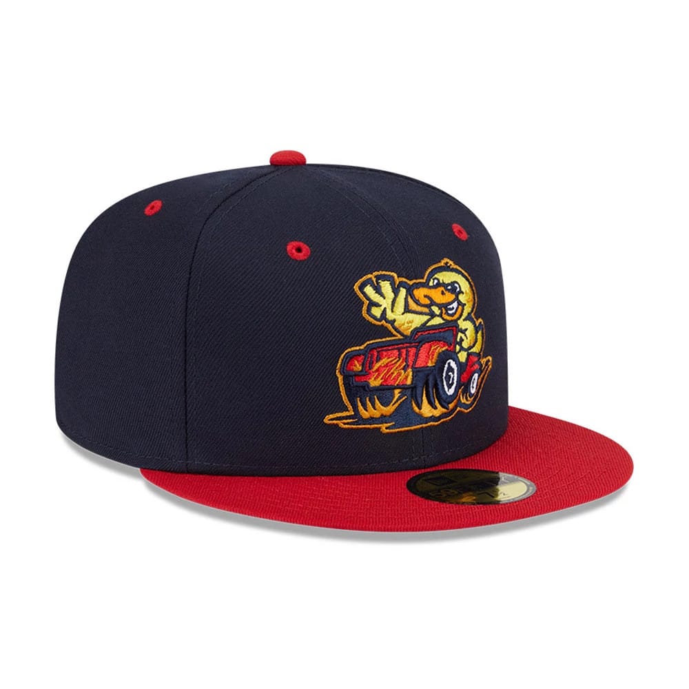 Toledo Mud Hens MiLB Theme Night Navy New Era 59FIFTY Fitted Cap, three-quarter view with a colourful front panel logo of a yellow character driving a red vehicle, red visor and top button, and gold 59FIFTY size sticker.