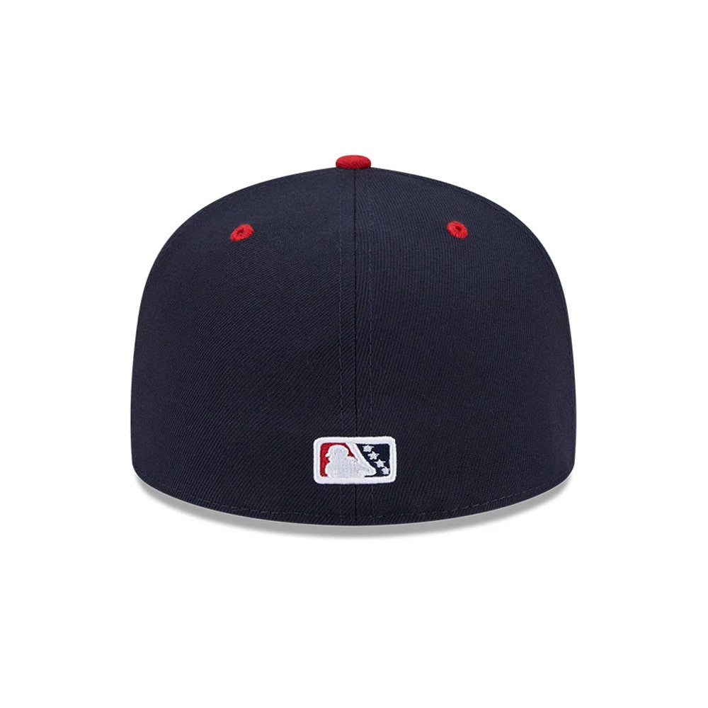 Toledo Mud Hens MiLB Theme Night Navy New Era 59FIFTY Fitted Cap, rear view showing the embroidered MLB Batterman logo at the centre back, with red eyelets and a red top button on the navy crown.