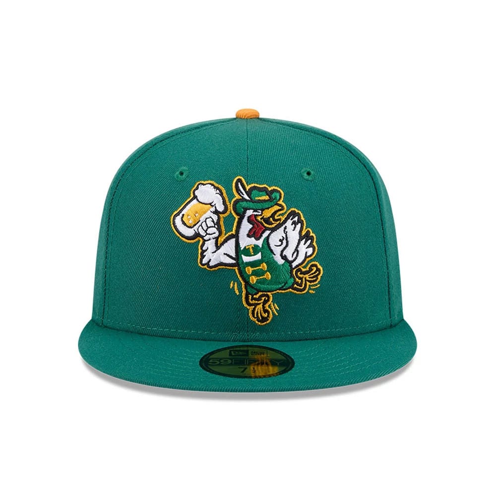 Tulsa Drillers MiLB Theme Night Green New Era 59FIFTY Fitted Cap, front view showing a white and yellow embroidered duck holding a beer mug on the front panel, with a gold 59FIFTY size sticker on the green visor.
