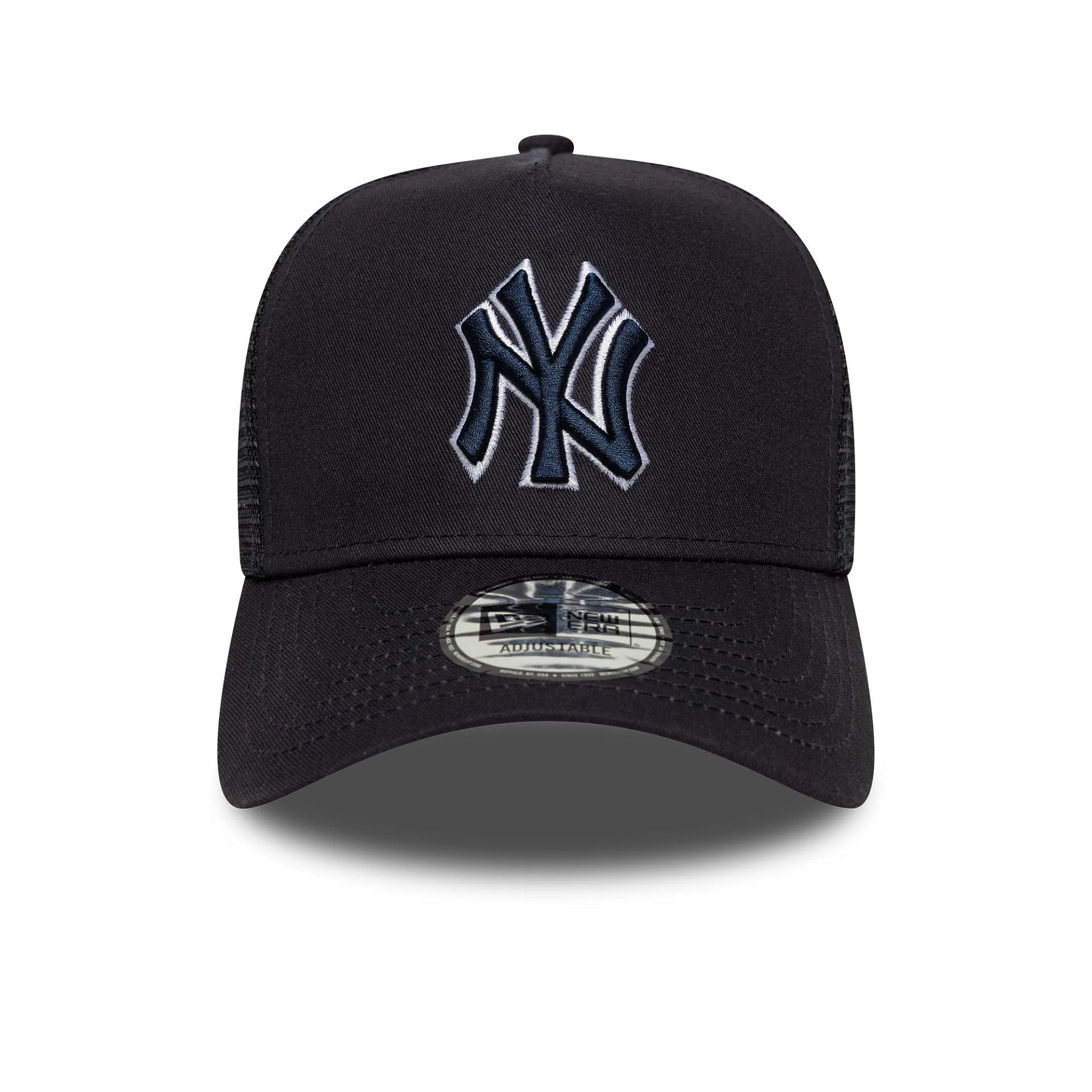 This is a New York Yankees MLB Outline Navy 9FORTY E-Frame Trucker Adjustable Cap 2