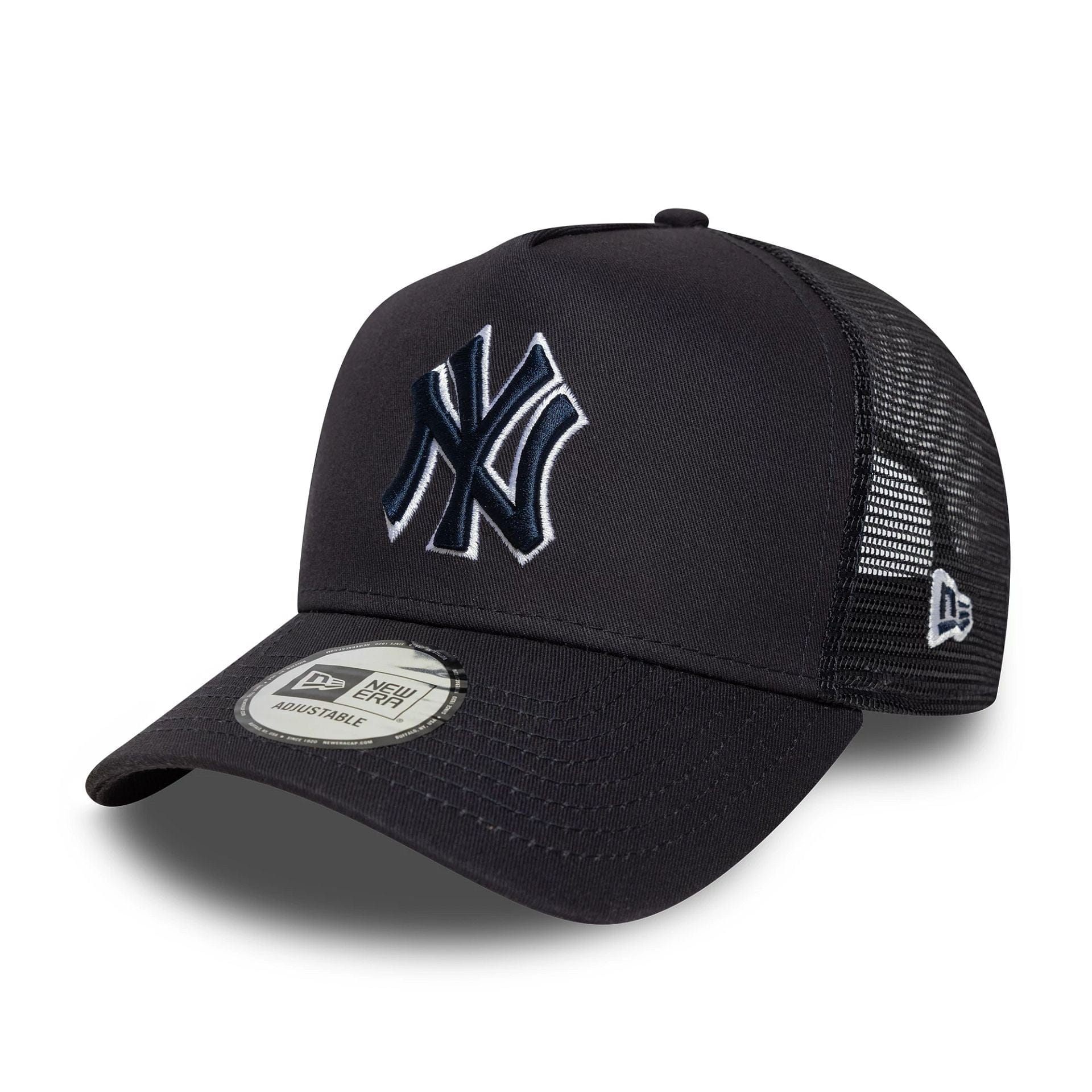This is a New York Yankees MLB Outline Navy 9FORTY E-Frame Trucker Adjustable Cap 1