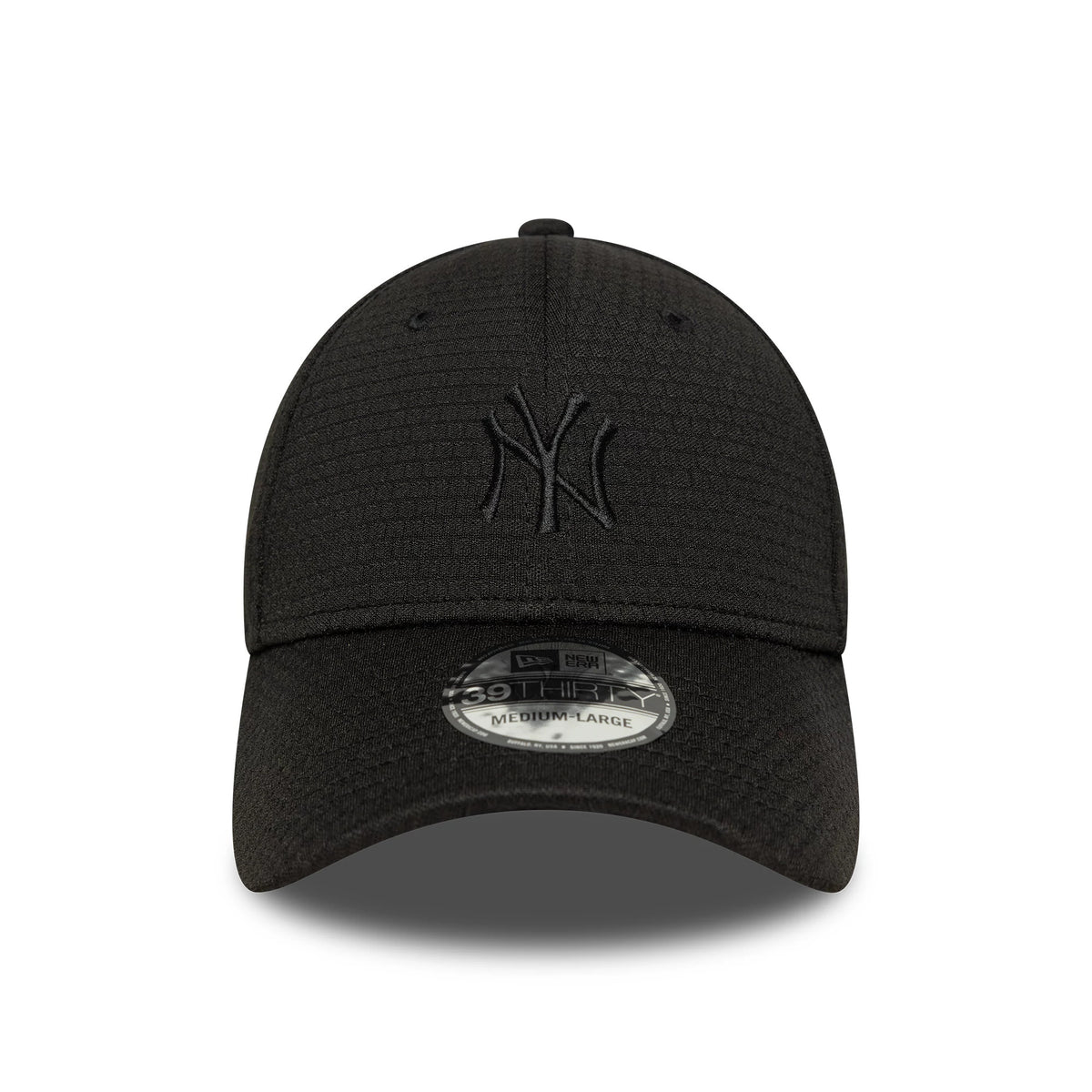 New York Yankees MLB Stretch Mesh Black New Era 39THIRTY Stretch-Fit Cap, front view showing the black raised embroidered NY logo on the front panel and the 39THIRTY size sticker on the curved visor.