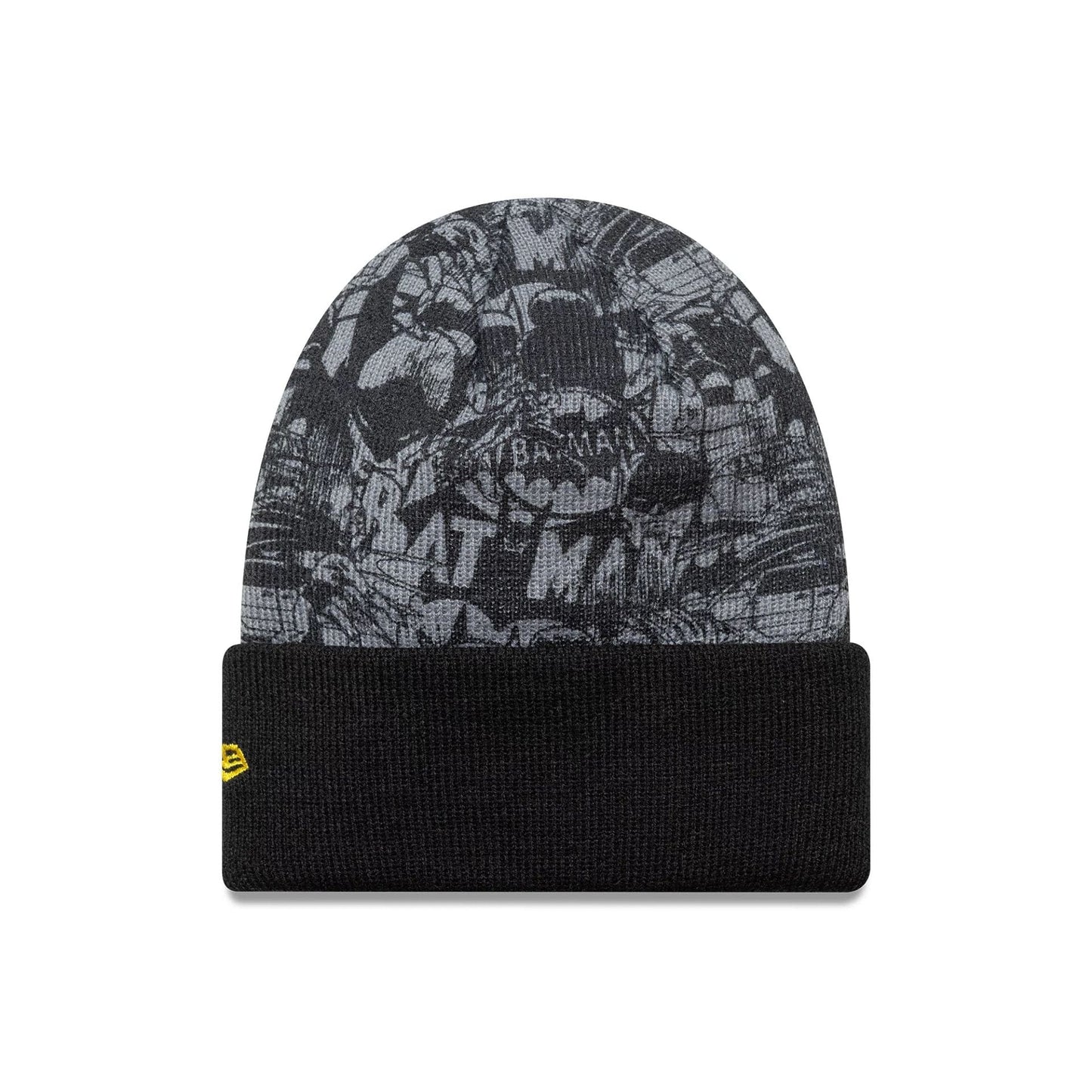 New Era Batman Youth DC Black Cuff Knit Beanie Hat, front view showing an all-over grey Batman graphic on the crown and a black cuff with a yellow embroidered New Era flag logo on the left side.