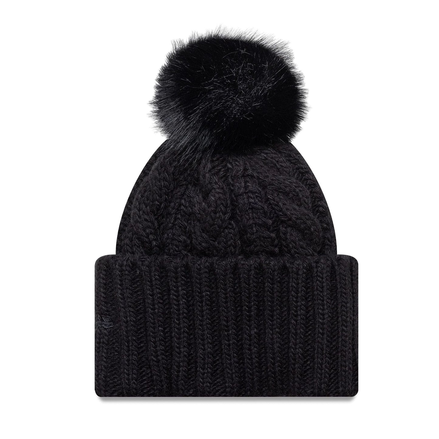New Era New York Yankees Youth MLB Black Cable Knit Beanie Hat, front view showing a thick ribbed fold-over cuff and a fluffy black pom-pom on top centre of the cable knit structure.