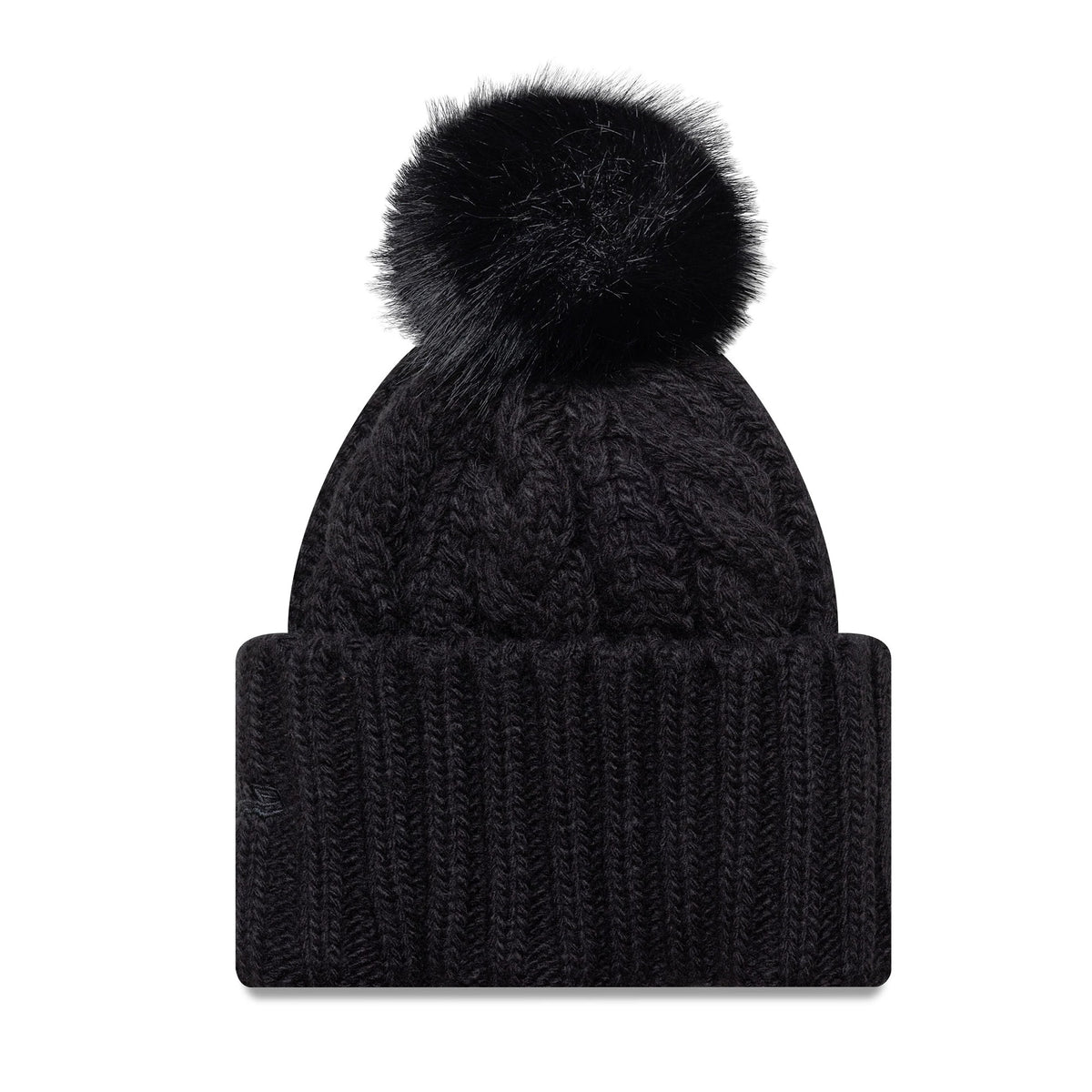 New Era New York Yankees Youth MLB Black Cable Knit Beanie Hat, front view showing a thick ribbed fold-over cuff and a fluffy black pom-pom on top centre of the cable knit structure.