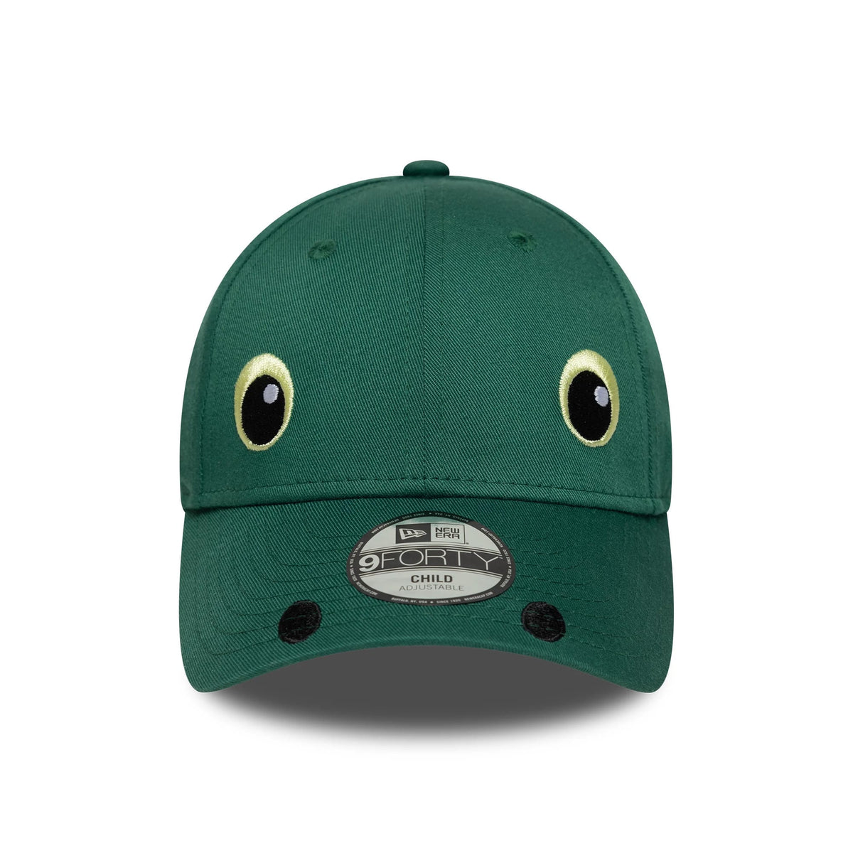 Child New Era Face Green New Era 9FORTY Adjustable Cap, front view with playful embroidered eyes on the front panels, featuring a curved visor with a 9FORTY size sticker and small embroidered nostrils near the visor's edge.