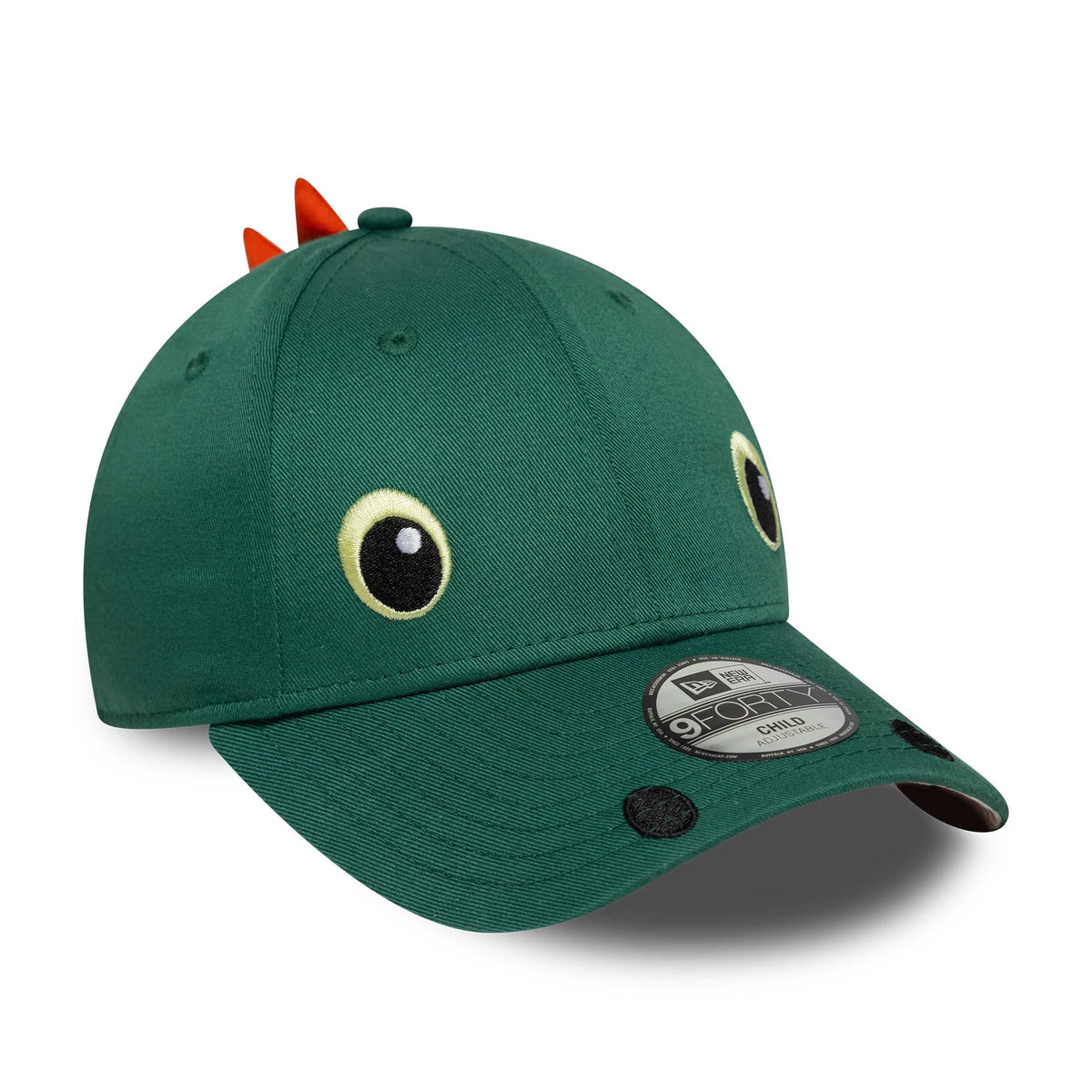 Child New Era Face Green 9FORTY Adjustable Cap, three-quarter view showing large embroidered eyes and orange spikes on the structured green crown, with a 9FORTY size sticker on the curved visor.