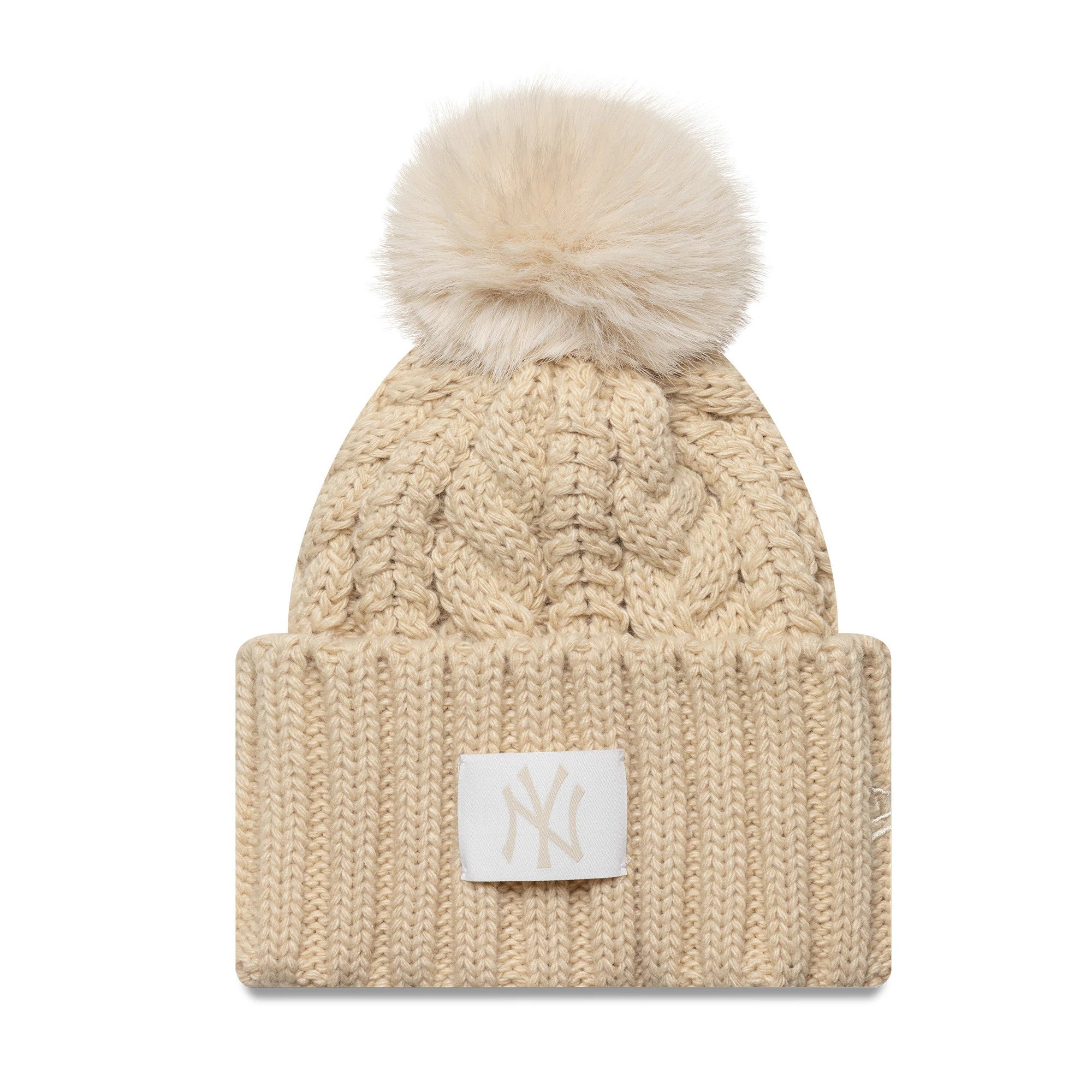 This is a New York Yankees Youth MLB Light Beige Cable Knit Beanie Hat 1