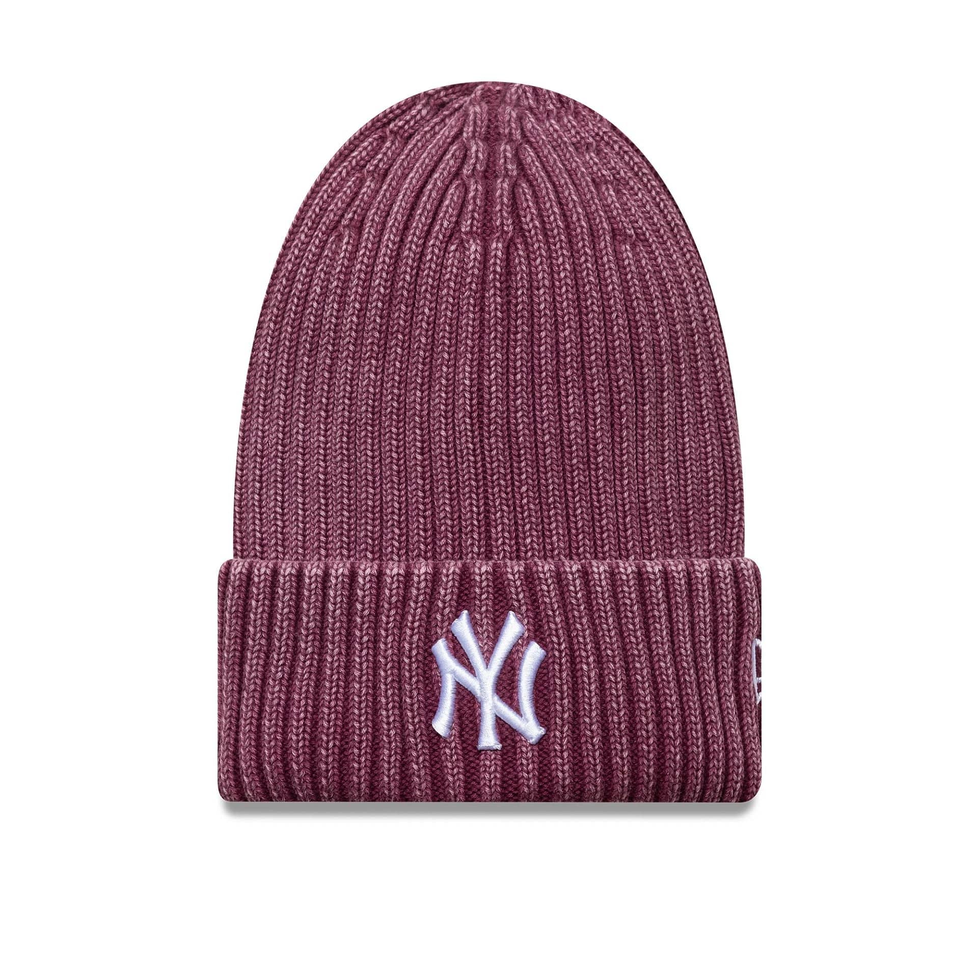 This is a New York Yankees MLB Washed Dark Red Cuff Knit Beanie Hat 1