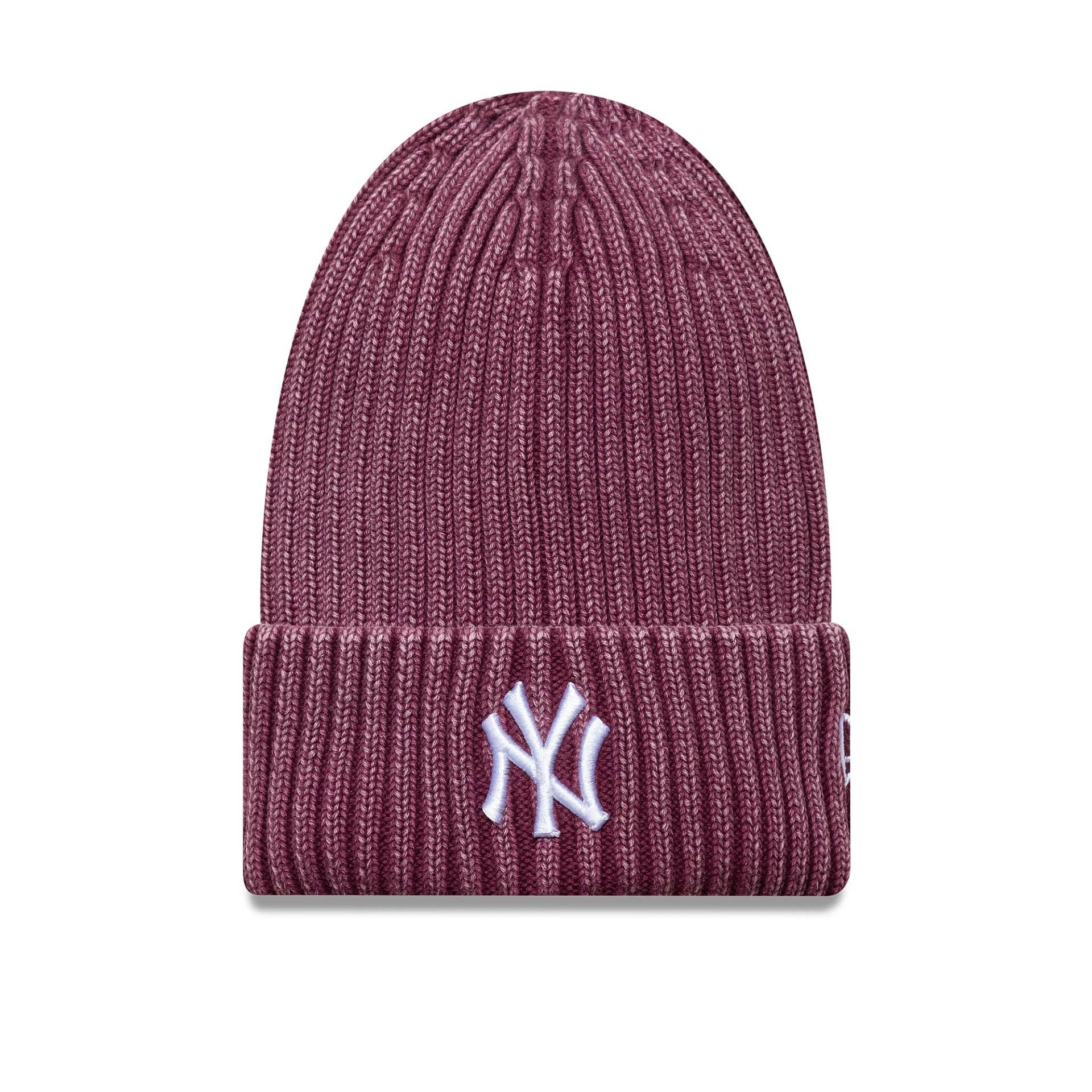 This is a New York Yankees MLB Washed Dark Red Cuff Knit Beanie Hat 1