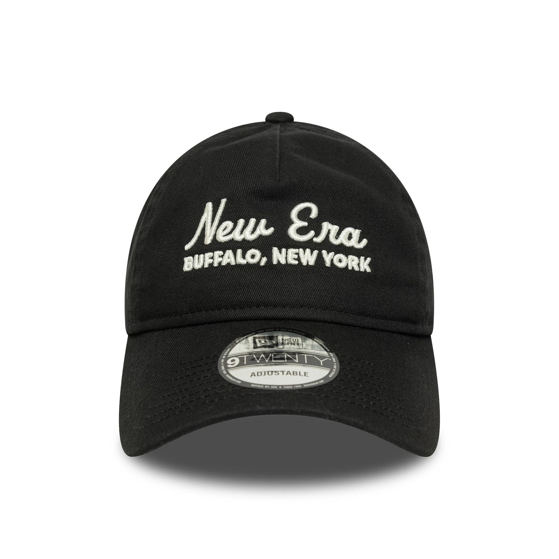This is a New Era Script Black 9TWENTY A-Frame Adjustable Cap 2