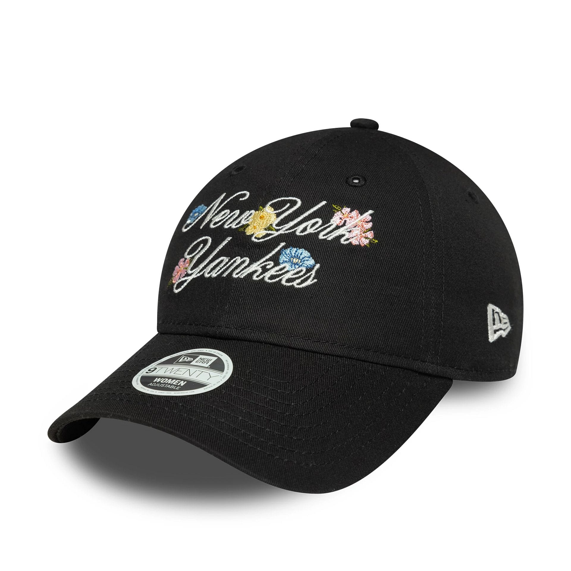 This is a New York Yankees Womens MLB Floral Script Black 9TWENTY Adjustable Cap 1