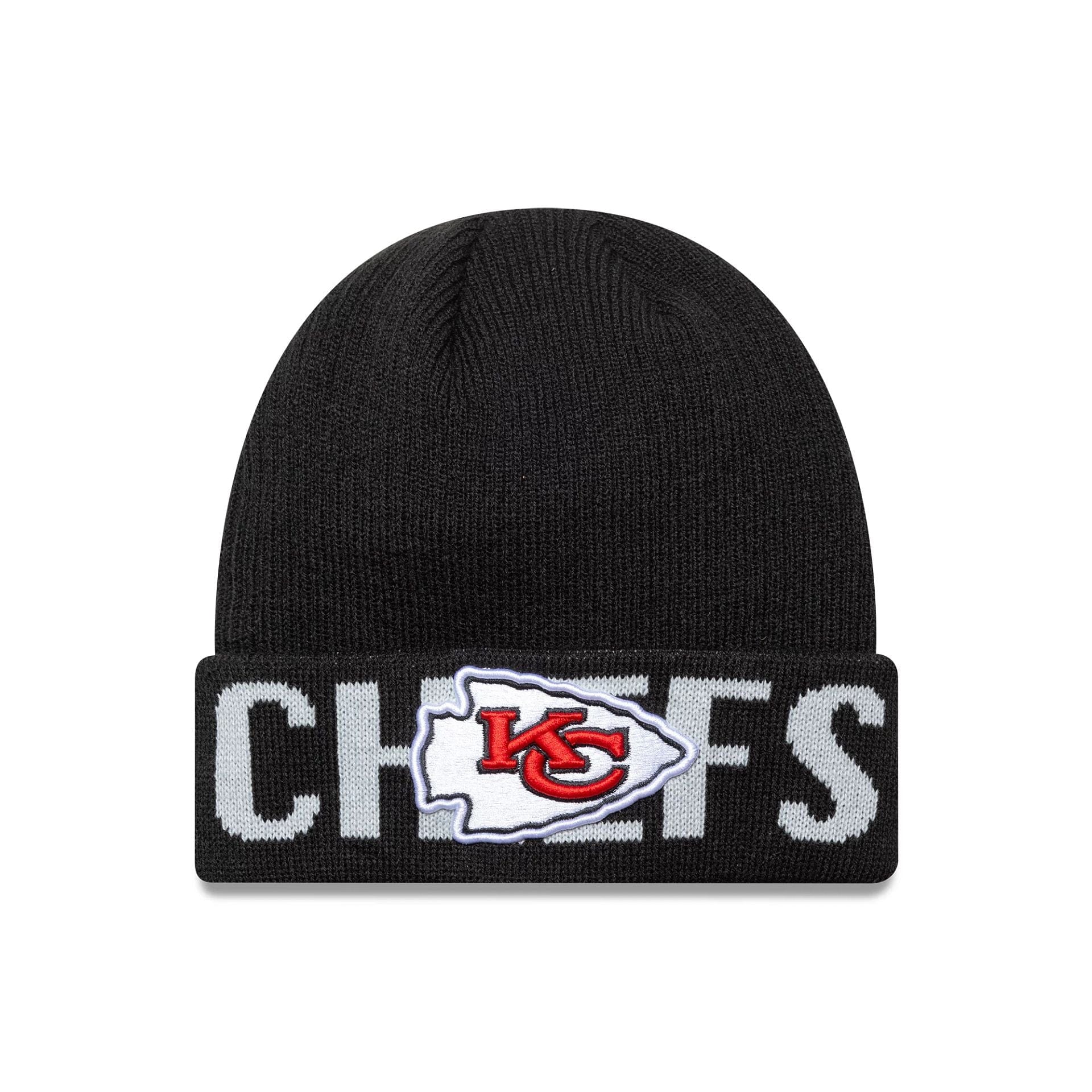 This is a Kansas City Chiefs NFL Wordmark Black Cuff Knit Beanie Hat 1