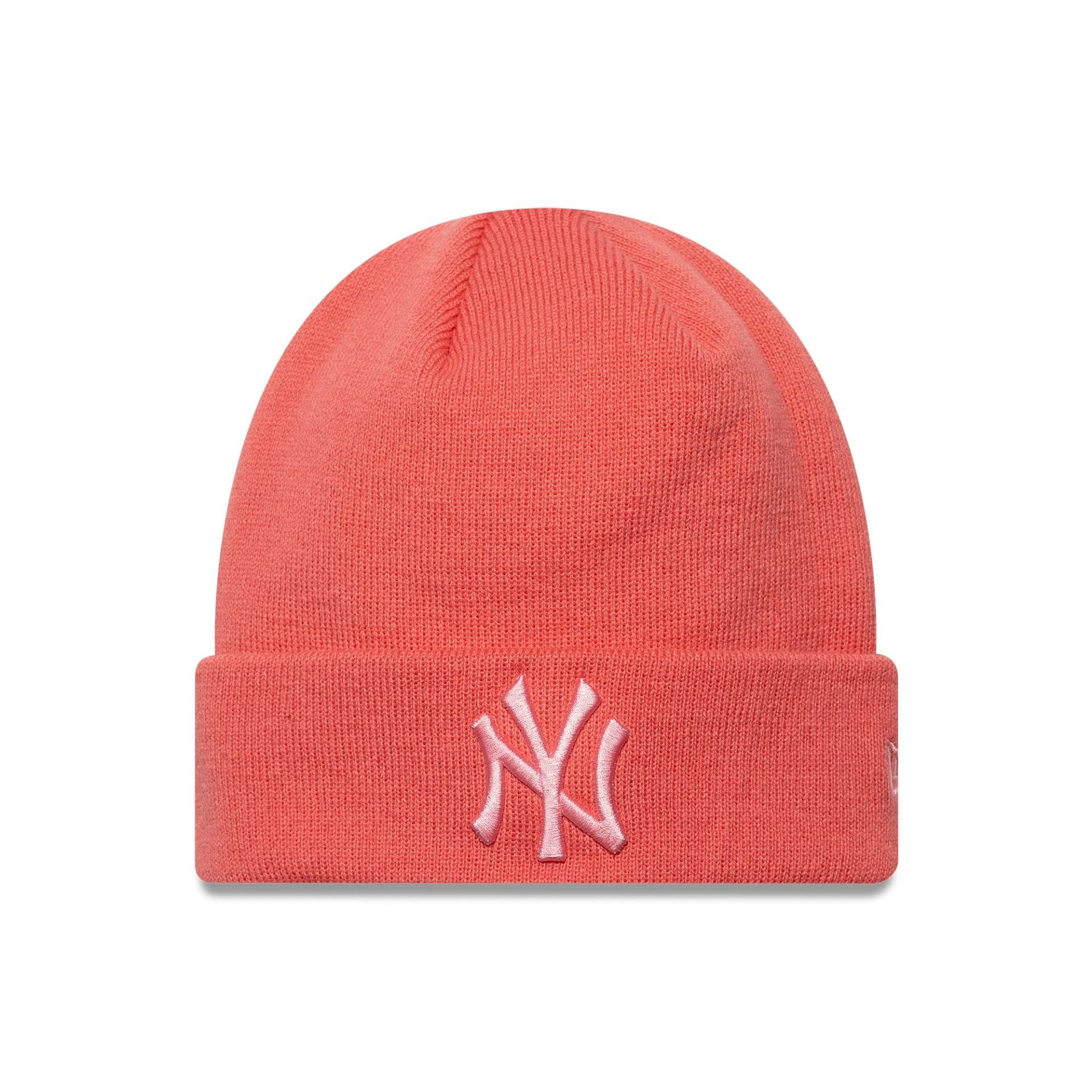 This is a New York Yankees MLB League Essential Pastel Pink Cuff Knit Beanie Hat 1