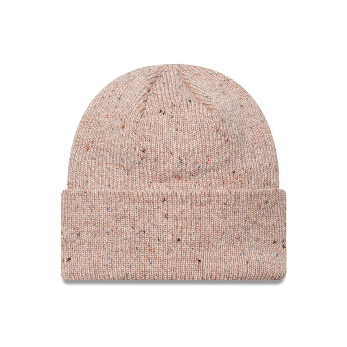 New Era New York Yankees Womens MLB Glitter Pastel Pink Cuff Knit Beanie Hat, front view showing a speckled knit texture in pastel pink with a turned-up cuff, offering a soft, cosy appearance.