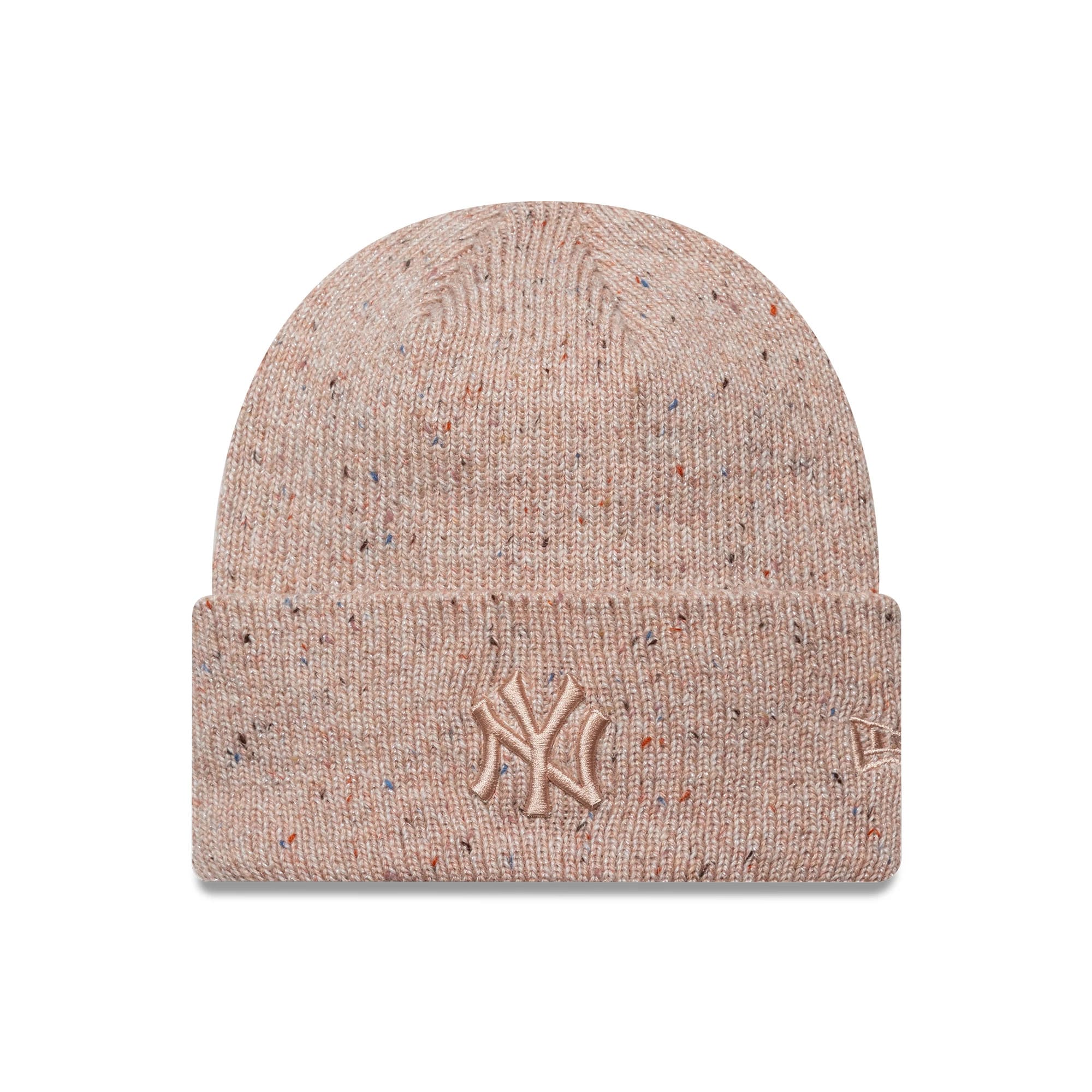 This is a New York Yankees Womens MLB Glitter Pastel Pink Cuff Knit Beanie Hat 1