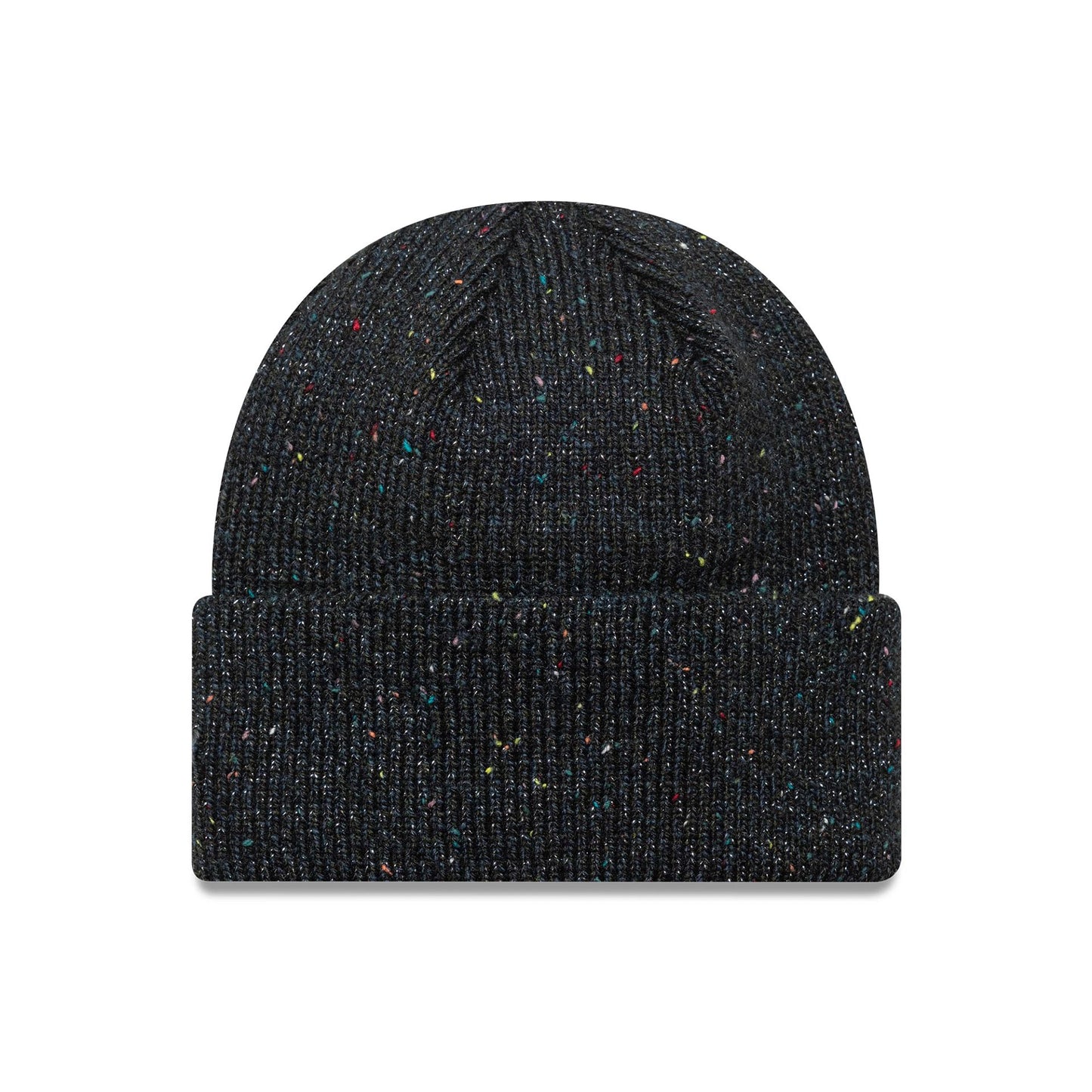 New Era New York Yankees Womens MLB Glitter Black Cuff Knit Beanie Hat, front view showing the speckled glitter pattern on the ribbed cuff and crown, with a seamless knit design enhancing the classic beanie silhouette.