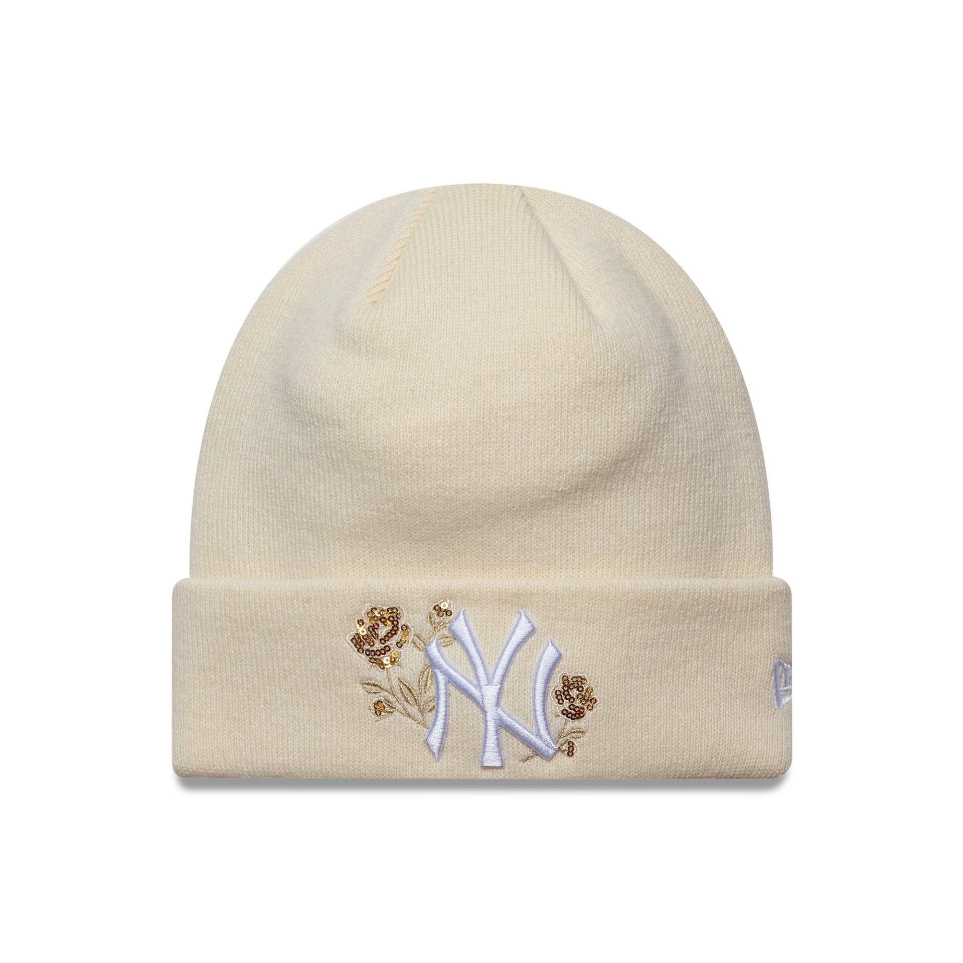 This is a New York Yankees MLB Sequin Rose Cream Cuff Knit Beanie Hat 1