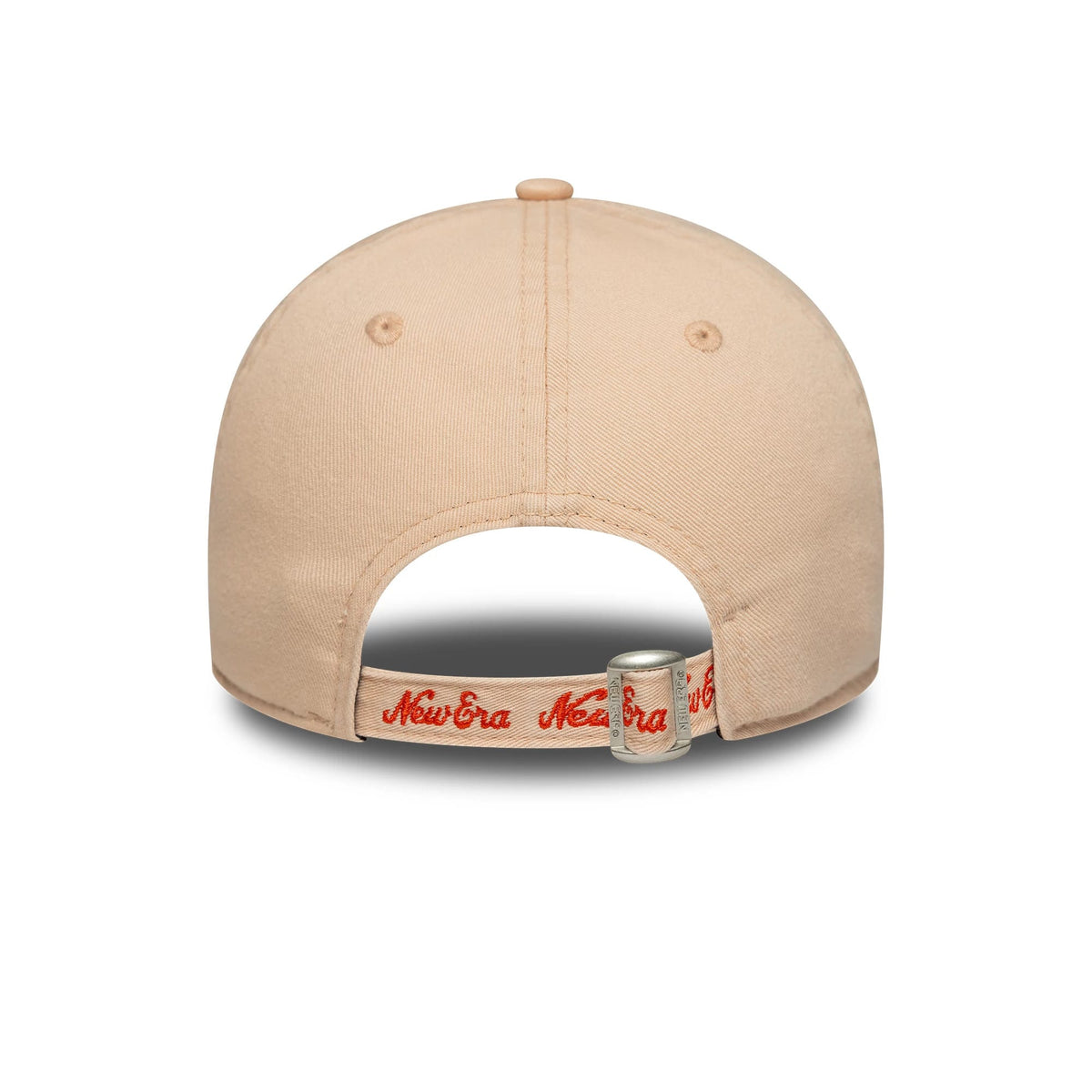 Womens New Era City Pastel Pink New Era 9TWENTY Adjustable Cap, rear view showing the open back design with an adjustable strap featuring red New Era script embroidery and a silver buckle, enhancing the pastel pink curved crown.