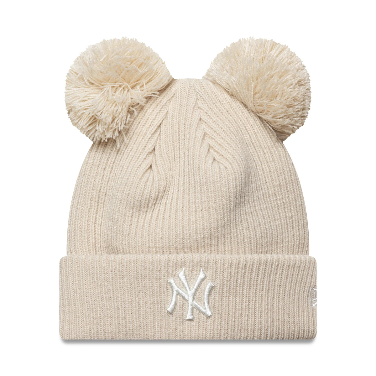New Era New York Yankees Womens MLB Double Pom Light Beige Cuff Knit Beanie Hat, front view showing the white embroidered NY logo on the folded cuff and two fluffy light beige pom poms on top of the ribbed knit crown.
