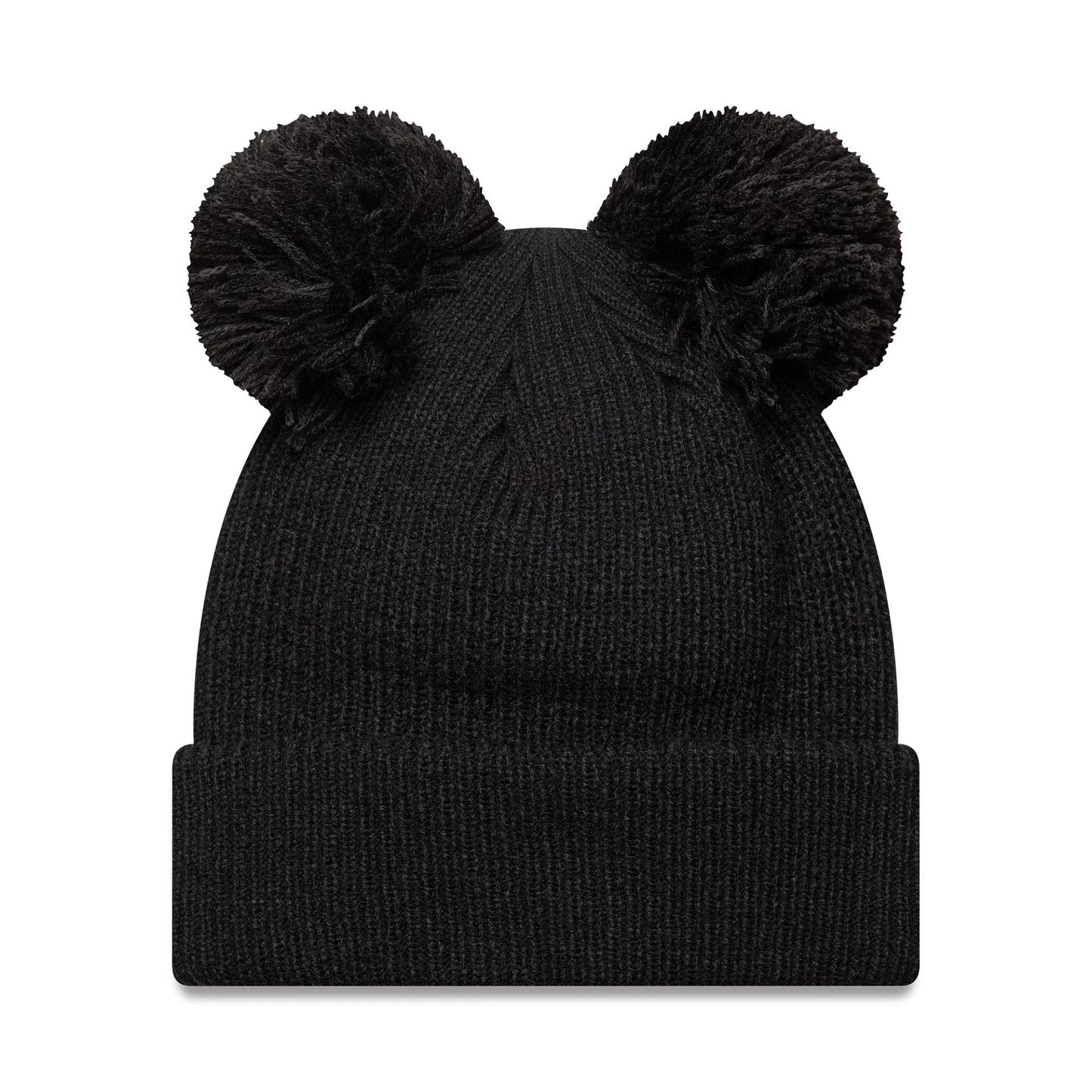 New Era New York Yankees Womens MLB Double Pom Black Cuff Knit Beanie Hat, front view showing two oversized black pom poms on top of the textured black knit crown and a wide cuffed edge.