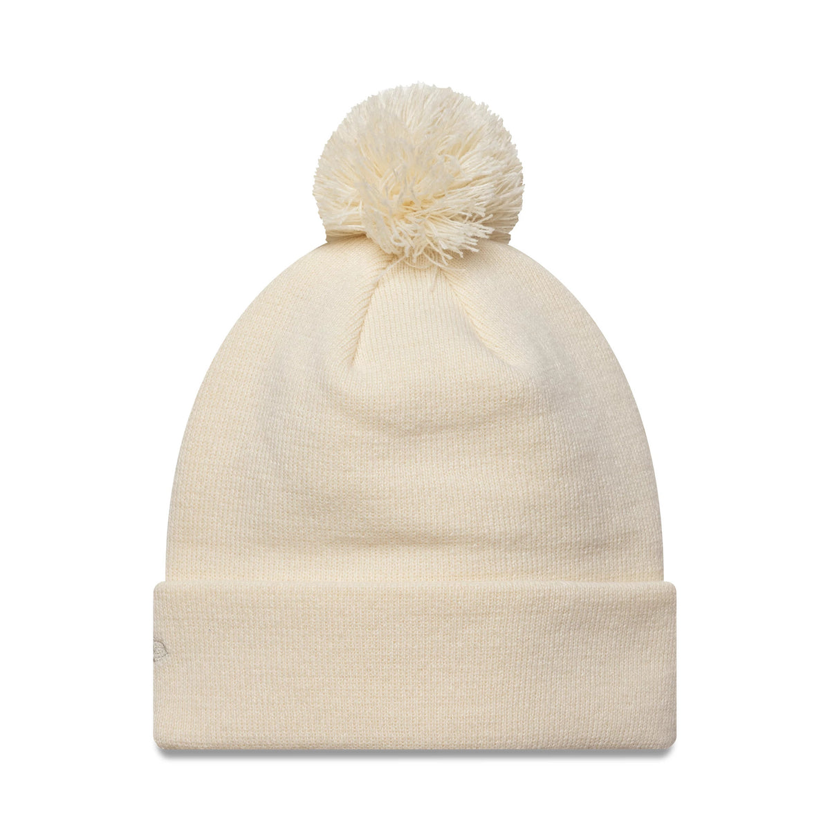 New Era New York Yankees Womens MLB Metallic Light Beige Cuff Knit Beanie Hat, front view showing a soft pom-pom on the crown and a subtle team logo on the left side of the cuff.