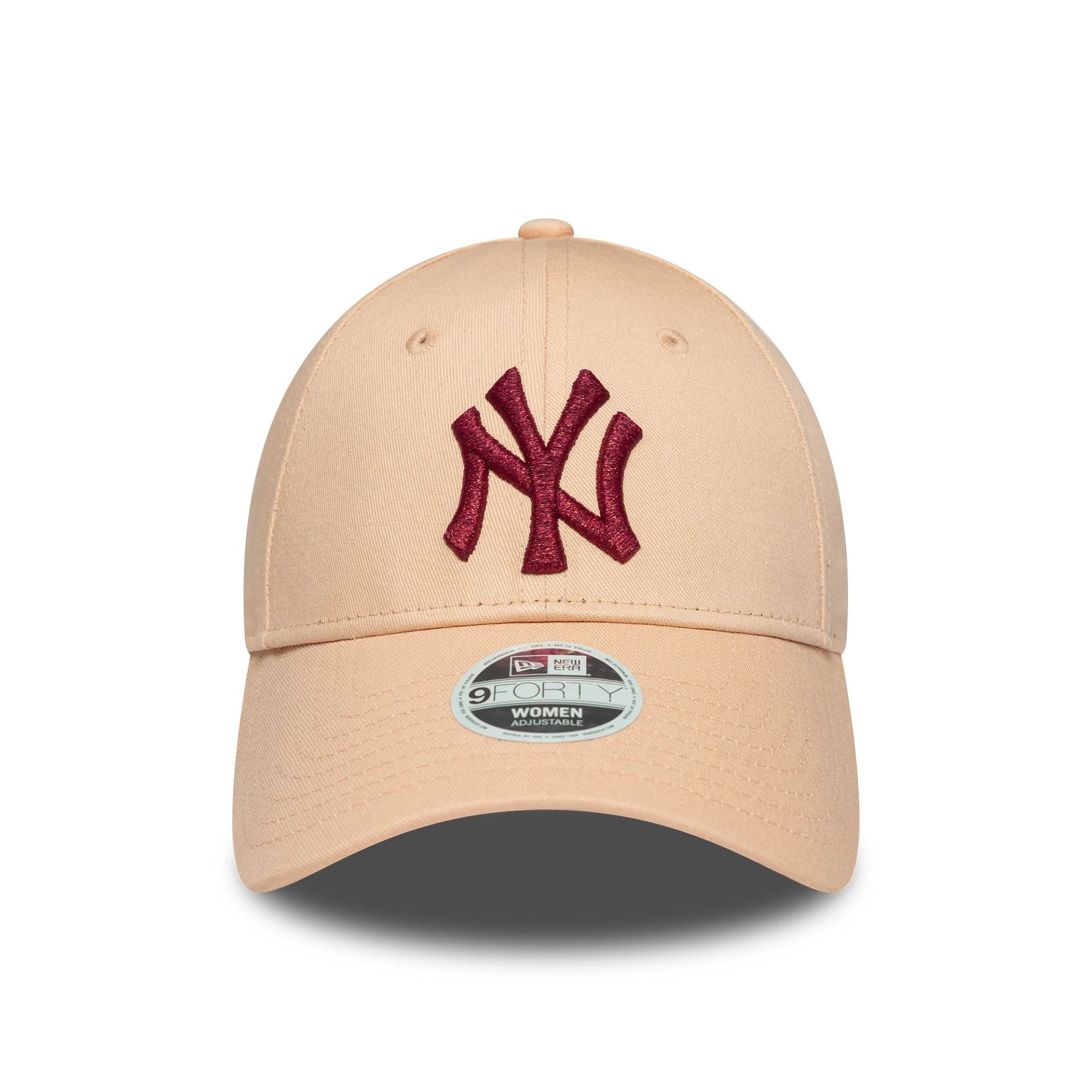 This is a New York Yankees Womens MLB Metallic Logo Pastel Pink 9FORTY Adjustable Cap 2