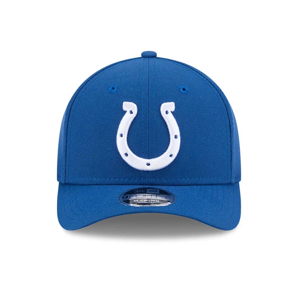 Indianapolis Colts NFL Team Blue New Era 9FORTY M-Crown Cap, front view showing the white embroidered horseshoe logo on the structured blue crown with a curved visor and the 9FORTY size sticker on top.