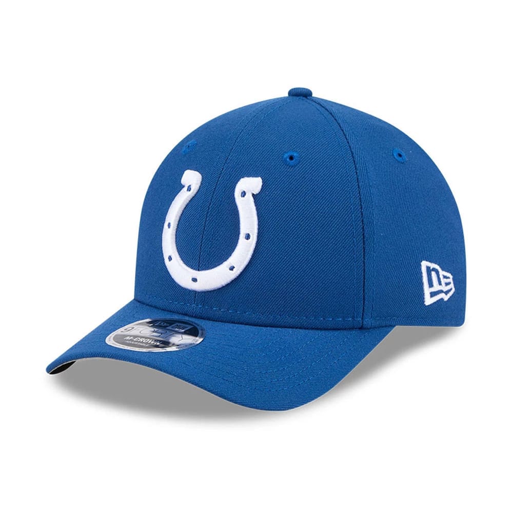 Indianapolis Colts NFL Team Blue New Era 9FORTY M-Crown Cap, front view showing the white embroidered horseshoe logo on the structured blue crown, curved visor and 9FORTY size sticker, with New Era flag logo on the left side.