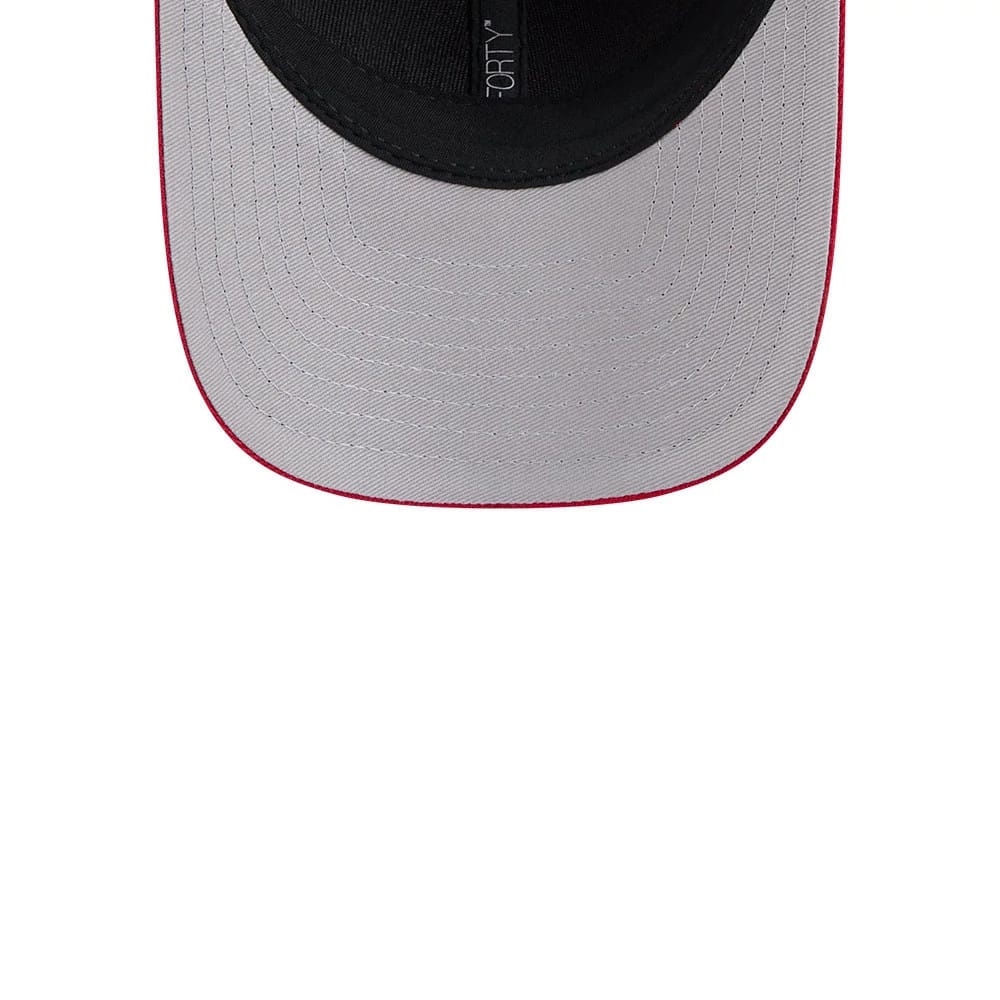San Francisco 49ers NFL Team Red New Era 9FORTY M-Crown Cap, inside view showing a black sweatband with white 9FORTY text, grey undervisor, and contrasting red stitching along the edge of the visor.