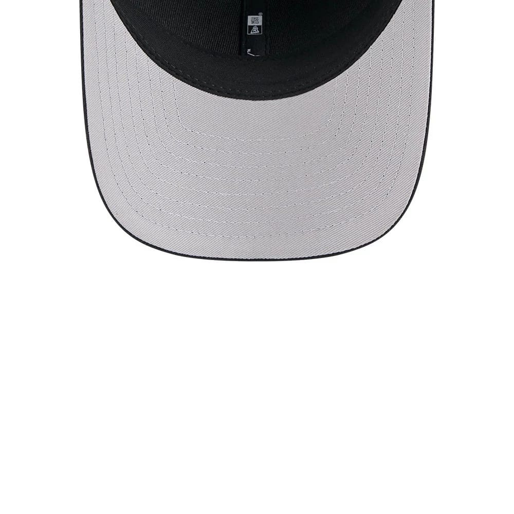 Baltimore Ravens NFL Team Black New Era 9FORTY M-Crown Cap, inside view showing a black sweatband and grey undervisor with a central taping strip, also displaying a small inside label near the top.