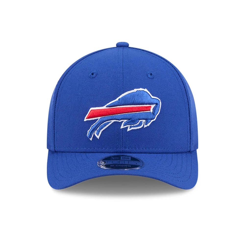 Buffalo Bills NFL Team Blue New Era 9FORTY M-Crown Cap, front view showing the raised embroidered Bills logo in red and white on the front panel, with a 9FORTY size sticker on the blue visor.