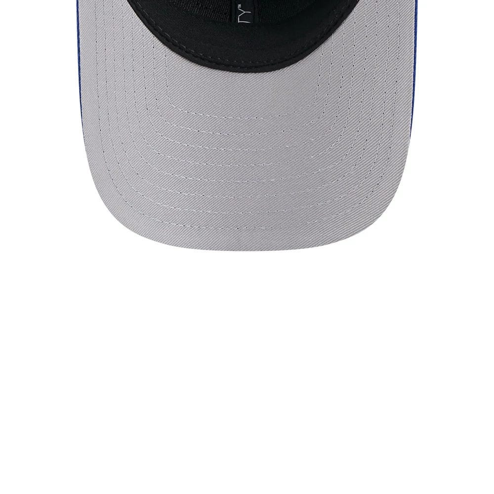 Buffalo Bills NFL Team Blue New Era 9FORTY M-Crown Cap, inside view showing the black sweatband and taping, with a grey undervisor contrasting the blue crown and matching the curved visor design.