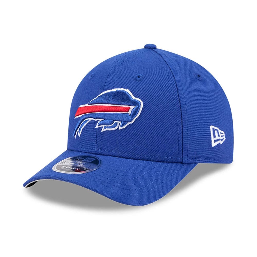 Buffalo Bills NFL Team Blue New Era 9FORTY M-Crown Cap, three-quarter view showing the raised embroidered team logo on the front panel, curved visor with a 9FORTY size sticker, and New Era flag logo on the left side.