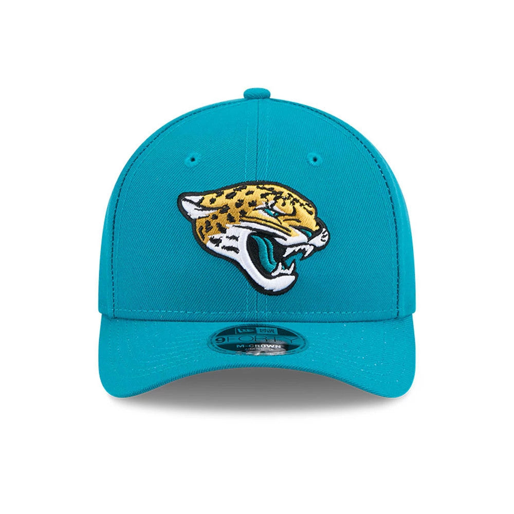 Jacksonville Jaguars NFL Team Turquoise New Era 9FORTY M-Crown Cap, front view showing the raised embroidered jaguar logo on the turquoise front panel, with a curved visor and a 9FORTY size sticker on top.