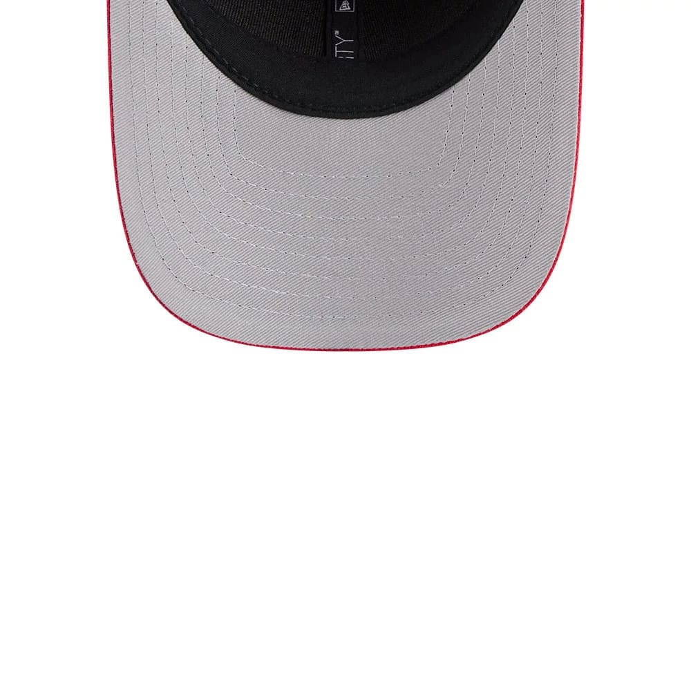 Kansas City Chiefs NFL Team Red New Era 9FORTY M-Crown Cap, inside view showcasing the black sweatband, grey undervisor, and internal taping on the underside of the structured visor.
