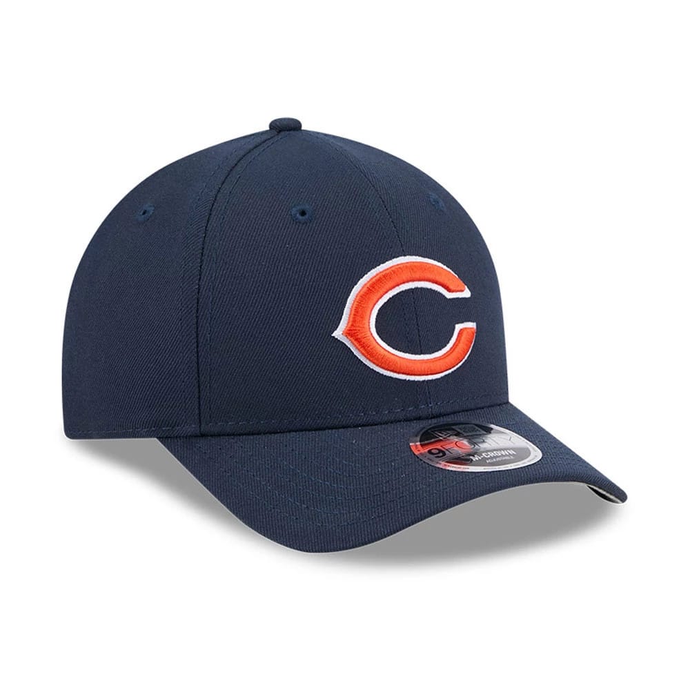 Chicago Bears NFL Team Navy New Era 9FORTY M-Crown Cap, three-quarter view showing the raised orange C logo on the front panel and a 9FORTY size sticker on the curved navy visor with matching eyelets and a top button.