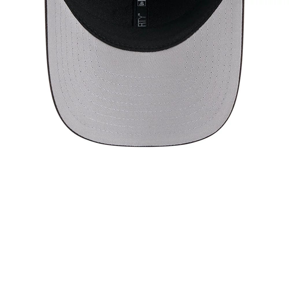 Cleveland Browns NFL Team Dark Brown New Era 9FORTY M-Crown Cap, inside view showing the black sweatband labelled with a New Era logo and 9FORTY size marker, and a contrasting light grey undervisor.