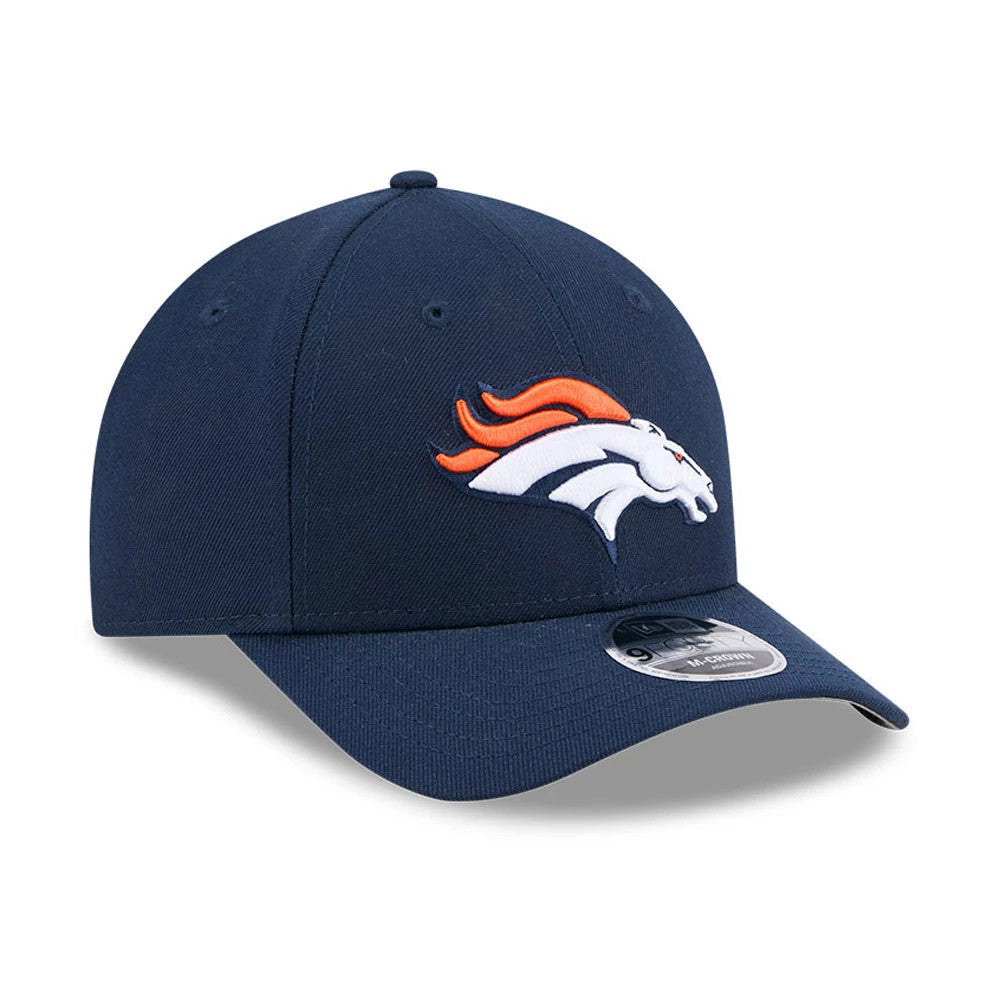 Denver Broncos NFL Team Dark Blue New Era 9FORTY M-Crown Cap, three-quarter view showing the raised embroidered orange and white team logo on the front panel, with a curved visor and 9FORTY size sticker on top.