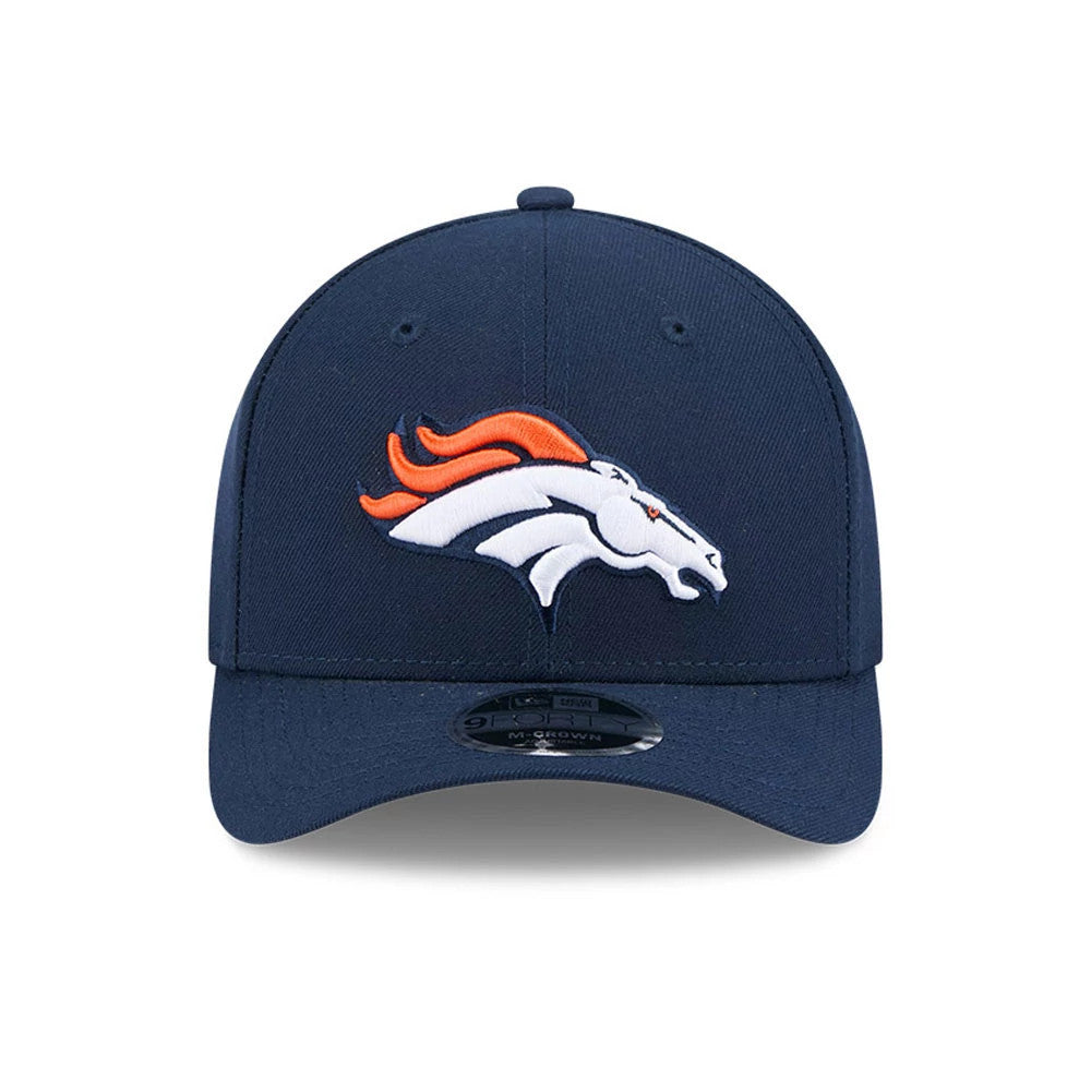 Denver Broncos NFL Team Dark Blue New Era 9FORTY M-Crown Cap, front view with a raised embroidered white and orange Broncos logo on the front panel and a black 9FORTY size sticker on the dark blue curved visor.