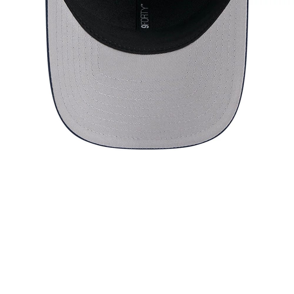Denver Broncos NFL Team Dark Blue New Era 9FORTY M-Crown Cap, inside view showing a black sweatband with 9FORTY branding on the light grey undervisor, highlighting the internal construction details.