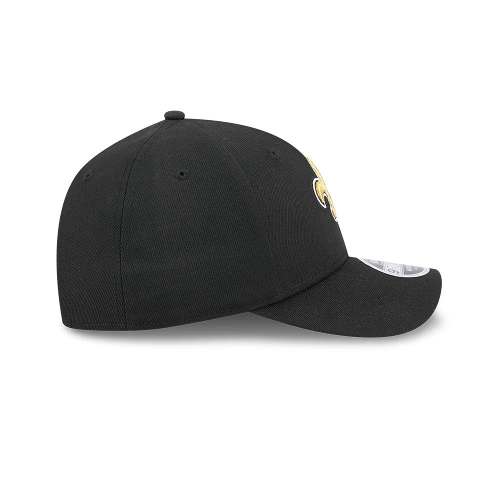 New Orleans Saints NFL Team Black New Era 9FORTY M-Crown Cap, side view showing the gold Saints logo on the front panel, a curved black visor with a 9FORTY size sticker, and black eyelets on a structured crown.