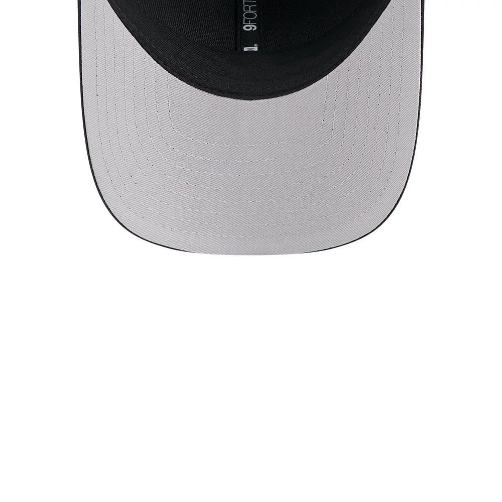 New Orleans Saints NFL Team Black New Era 9FORTY M-Crown Cap, inside view showing the grey undervisor and black internal lining with a 9FORTY size sticker on the underside of the visor.