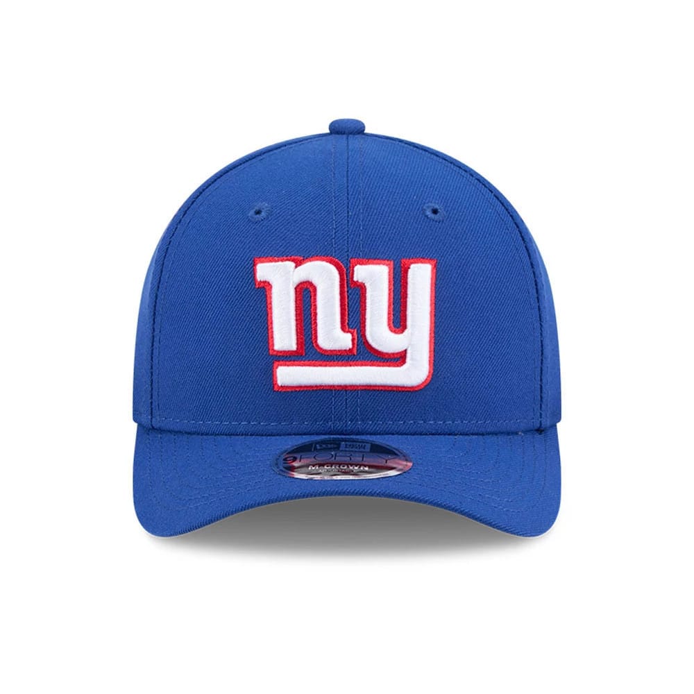 New York Giants NFL Team Blue New Era 9FORTY M-Crown Cap, front view showing the raised white and red embroidered ny logo on the blue structured crown, with a curved visor and 9FORTY size sticker.