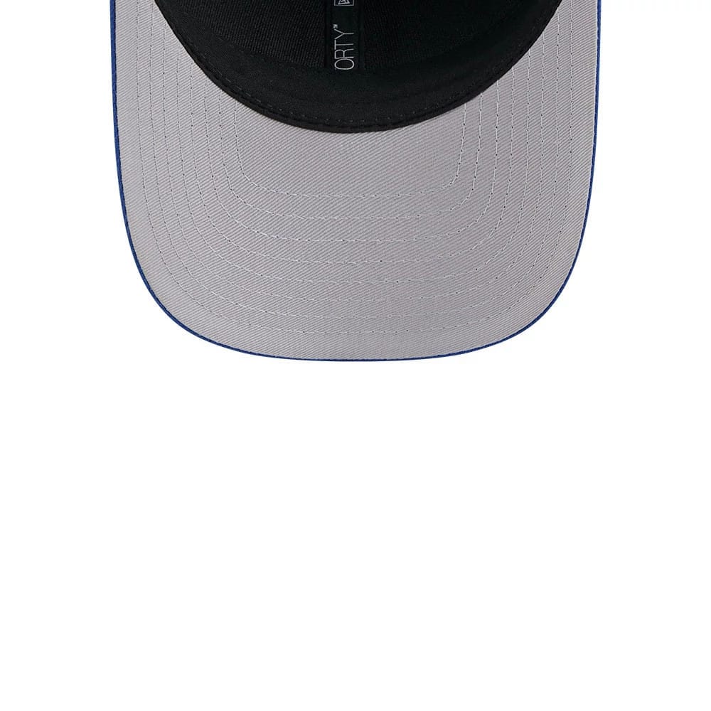 New York Giants NFL Team Blue New Era 9FORTY M-Crown Cap, inside view showing the black sweatband with 9FORTY taping, and the grey undervisor with detailed stitching across the surface.