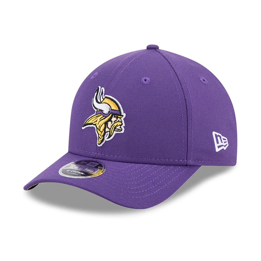 Minnesota Vikings NFL Team Purple New Era 9FORTY M-Crown Cap, three-quarter view showing the raised embroidered Viking logo on the front panel, curved visor with a 9FORTY size sticker, and New Era flag logo on the left side.