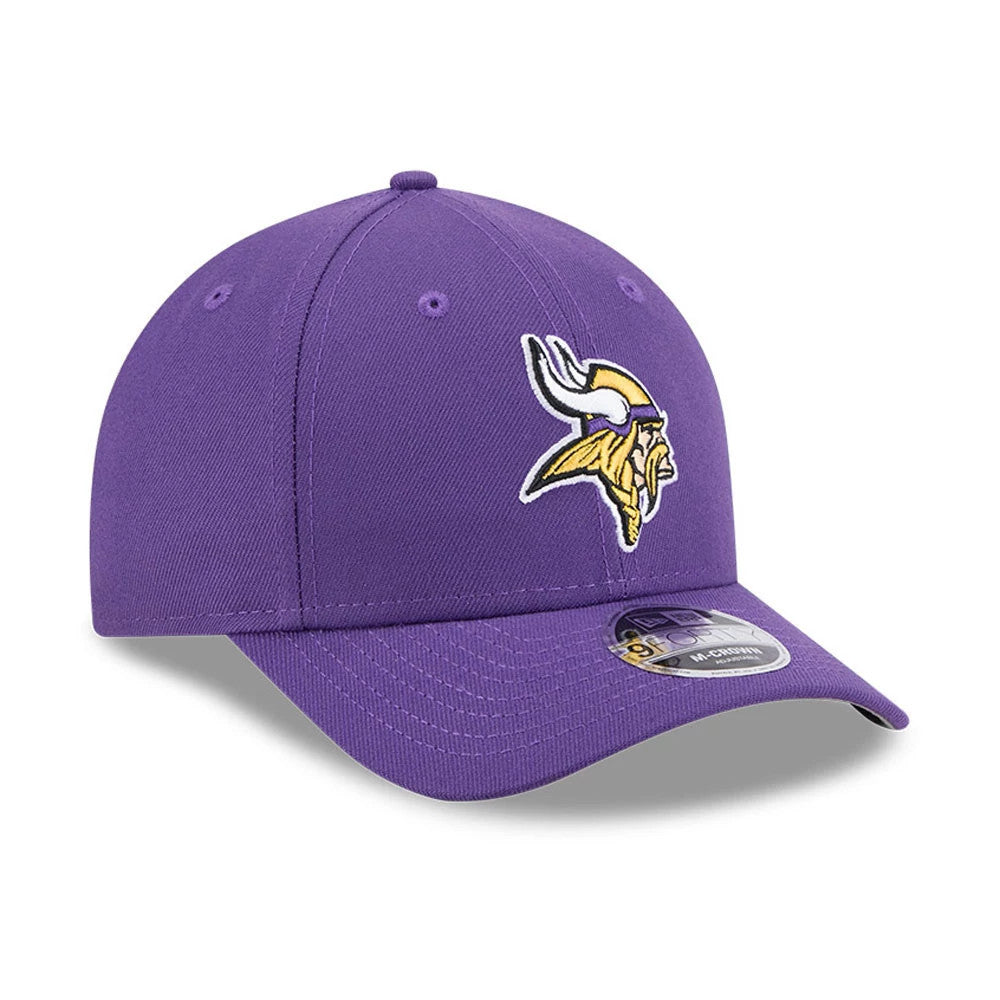 Minnesota Vikings NFL Team Purple New Era 9FORTY M-Crown Cap, front view showing the raised embroidered Vikings logo in yellow and white on the purple front panel, curved purple visor with a 9FORTY size sticker.